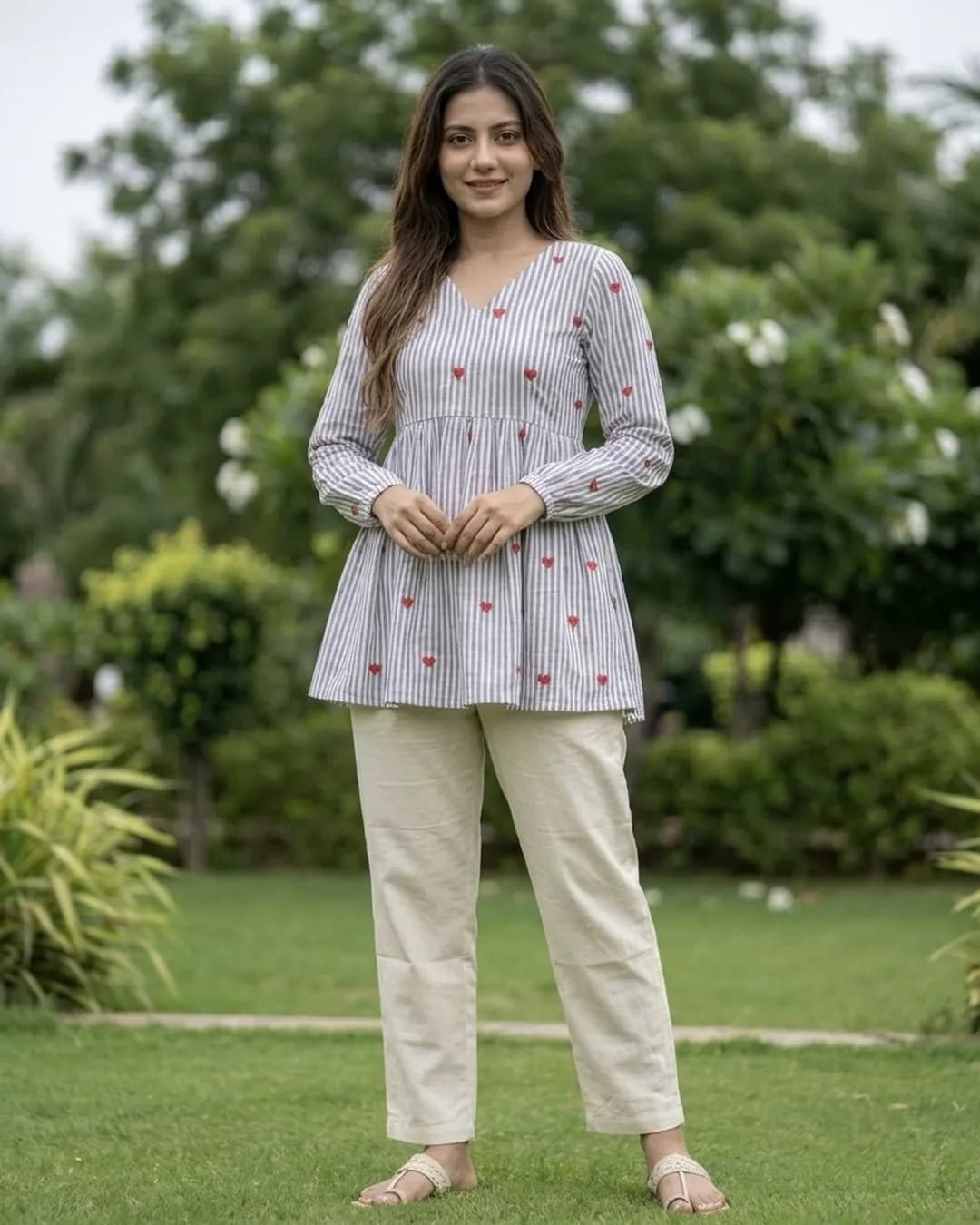 Women's Heart Embroidered Cotton Top with Linen Cotton Pants Co-Ord Set