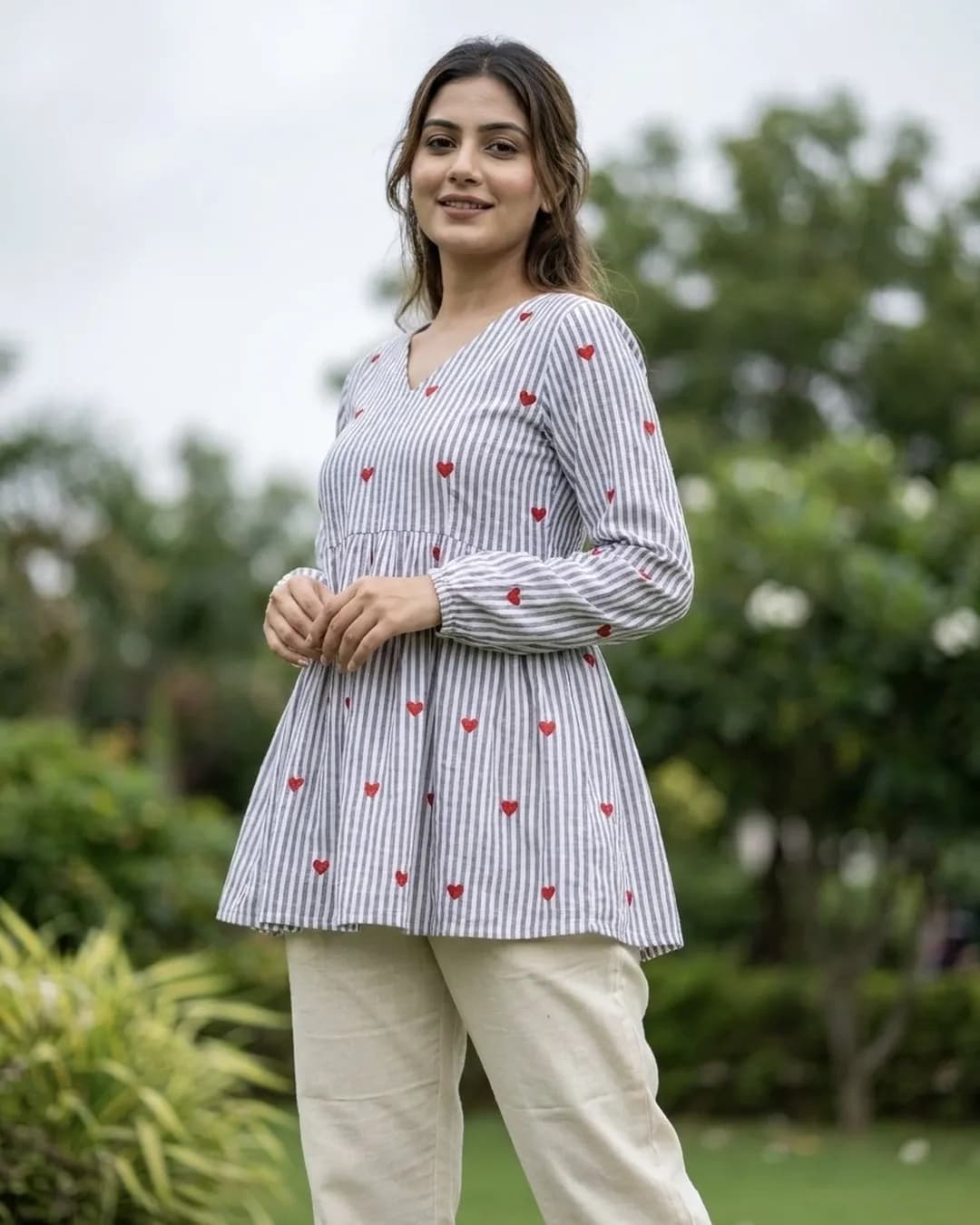 Women's Heart Embroidered Cotton Top with Linen Cotton Pants Co-Ord Set alternate view