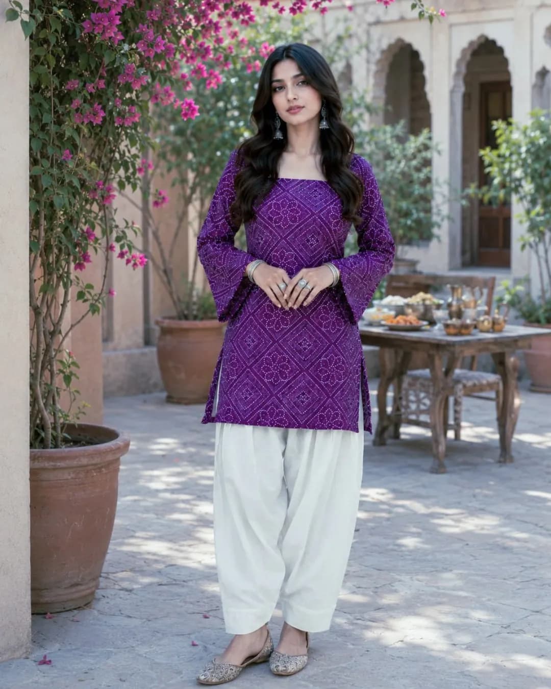 Women's Cotton Bandhej Print Top & Linen Cotton Farsi Pant Set