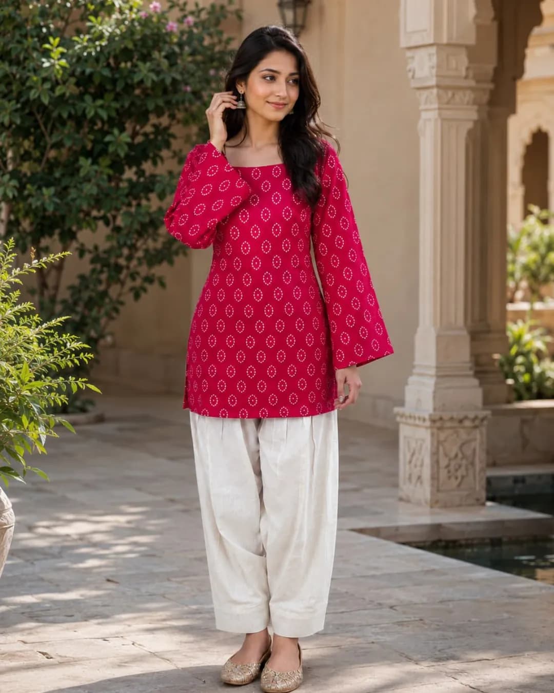 Women's Cotton Bandhej Print Top & Linen Cotton Farsi Pant Set