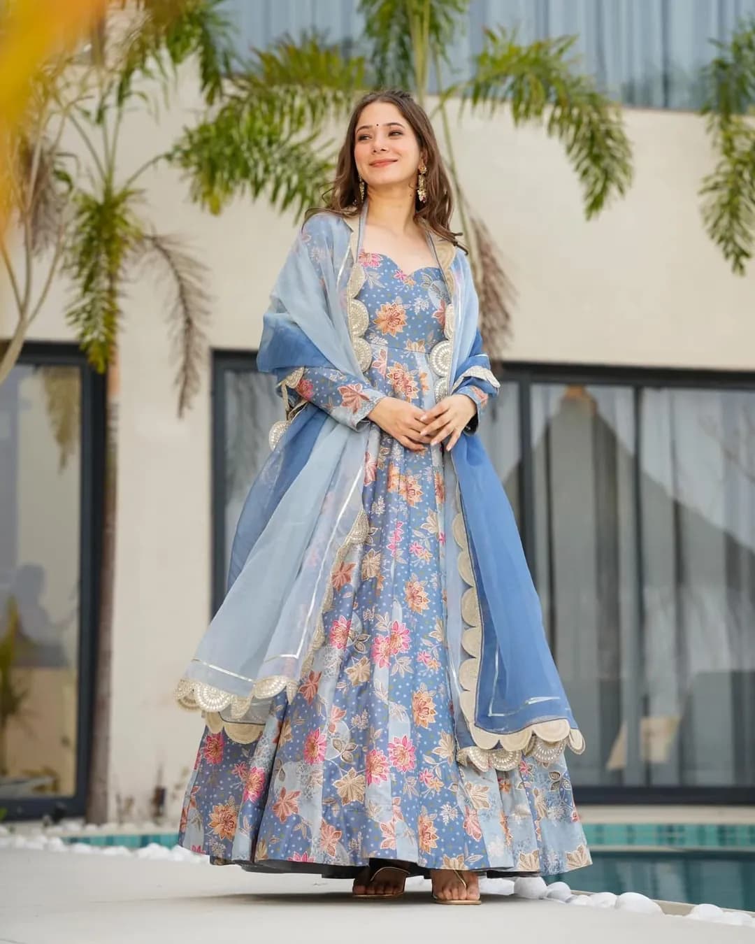 Women's Silk Digital Printed Fully Flared Anarkali Gown with Organza Dupatta