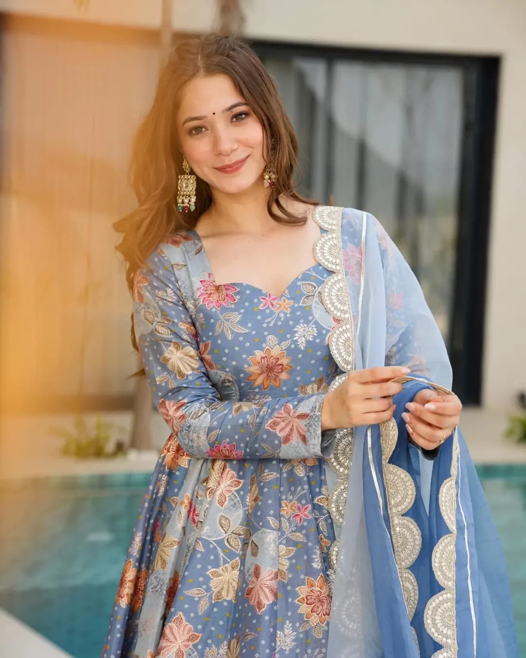 Women's Silk Digital Printed Fully Flared Anarkali Gown with Organza Dupatta alternate view