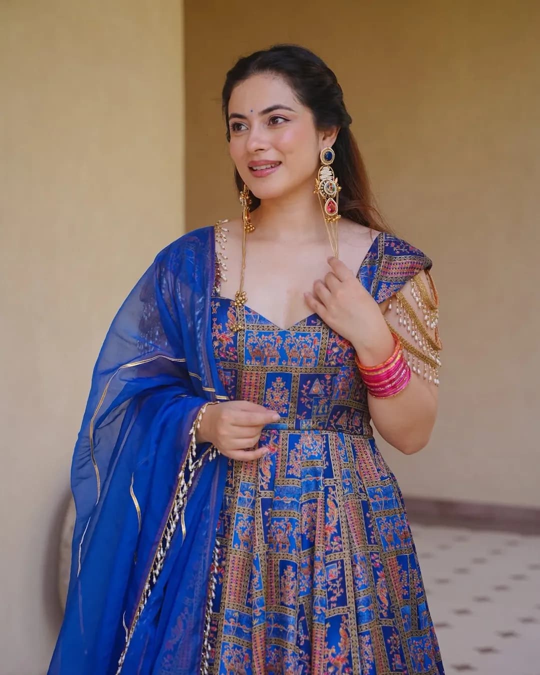 Women's Silk Digital Printed Fully Flared Anarkali Gown with Organza Dupatta alternate view