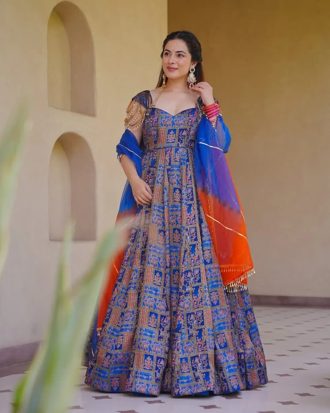 Women's Silk Digital Printed Fully Flared Anarkali Gown with Organza Dupatta
