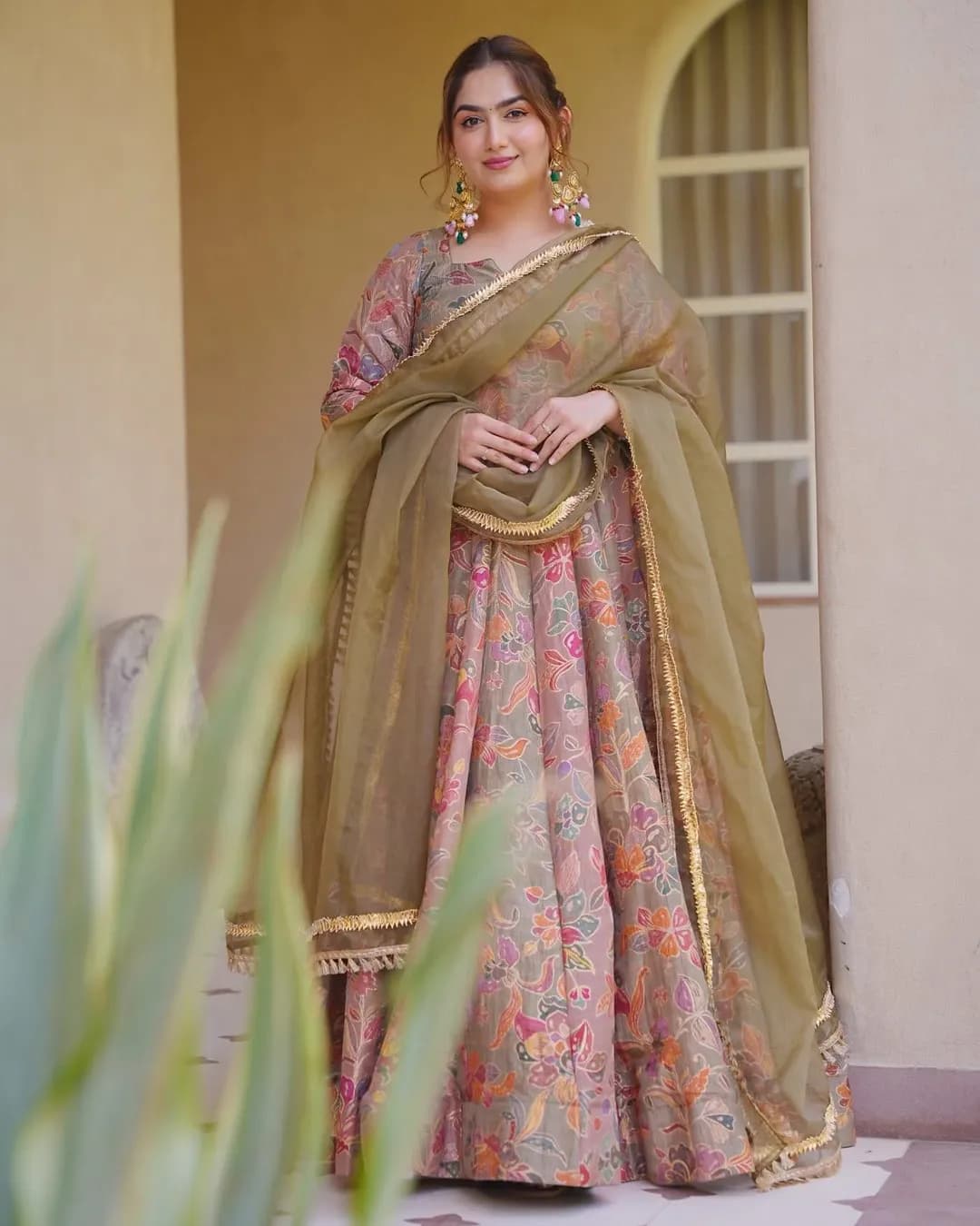Women's Silk Digital Printed Fully Flared Anarkali Gown with Organza Dupatta