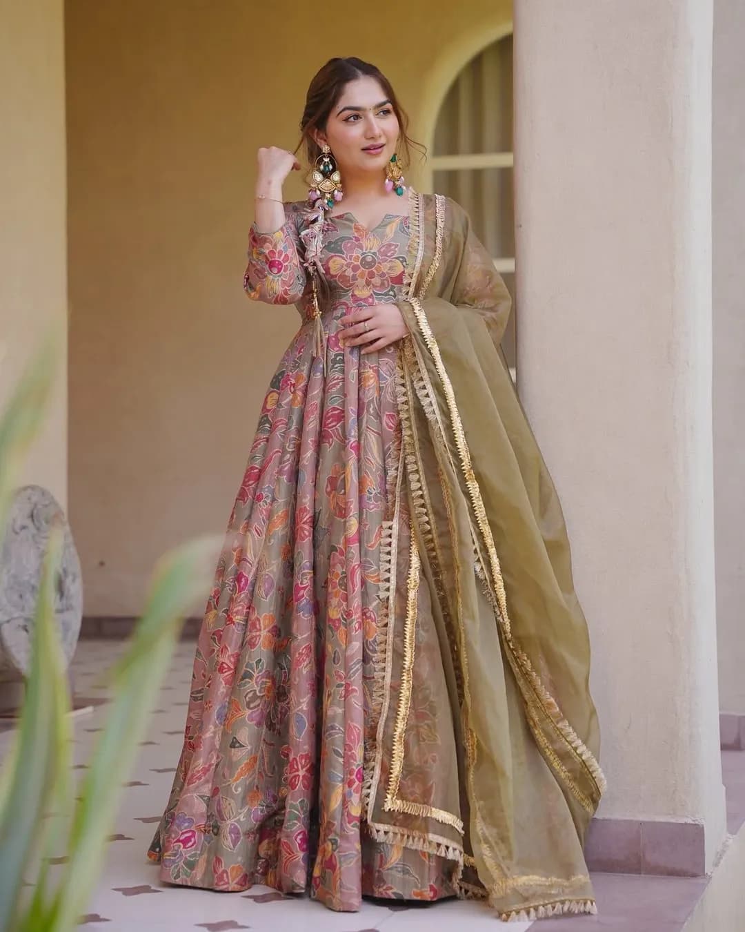 Women's Silk Digital Printed Fully Flared Anarkali Gown with Organza Dupatta alternate view