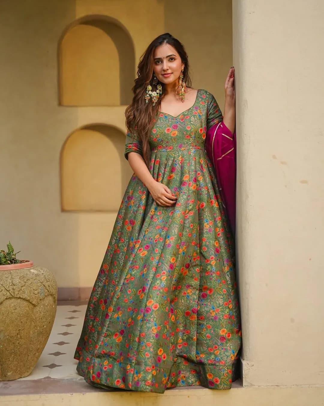 Women's Silk Digital Printed Fully Flared Anarkali Gown with Organza Dupatta