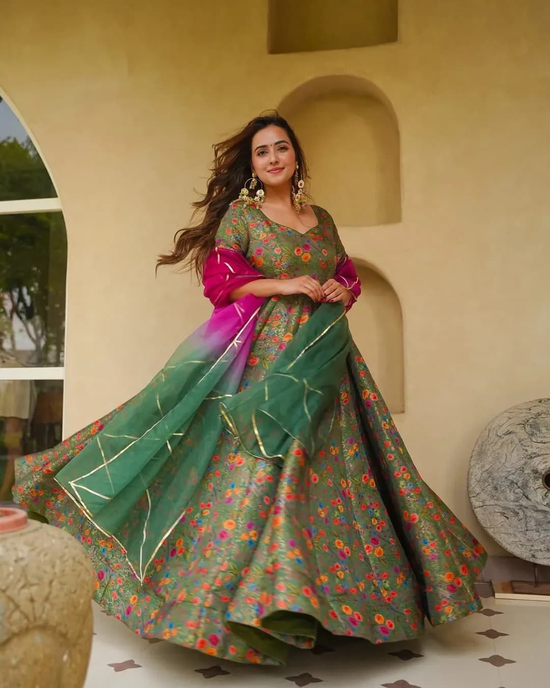 Women's Silk Digital Printed Fully Flared Anarkali Gown with Organza Dupatta alternate view