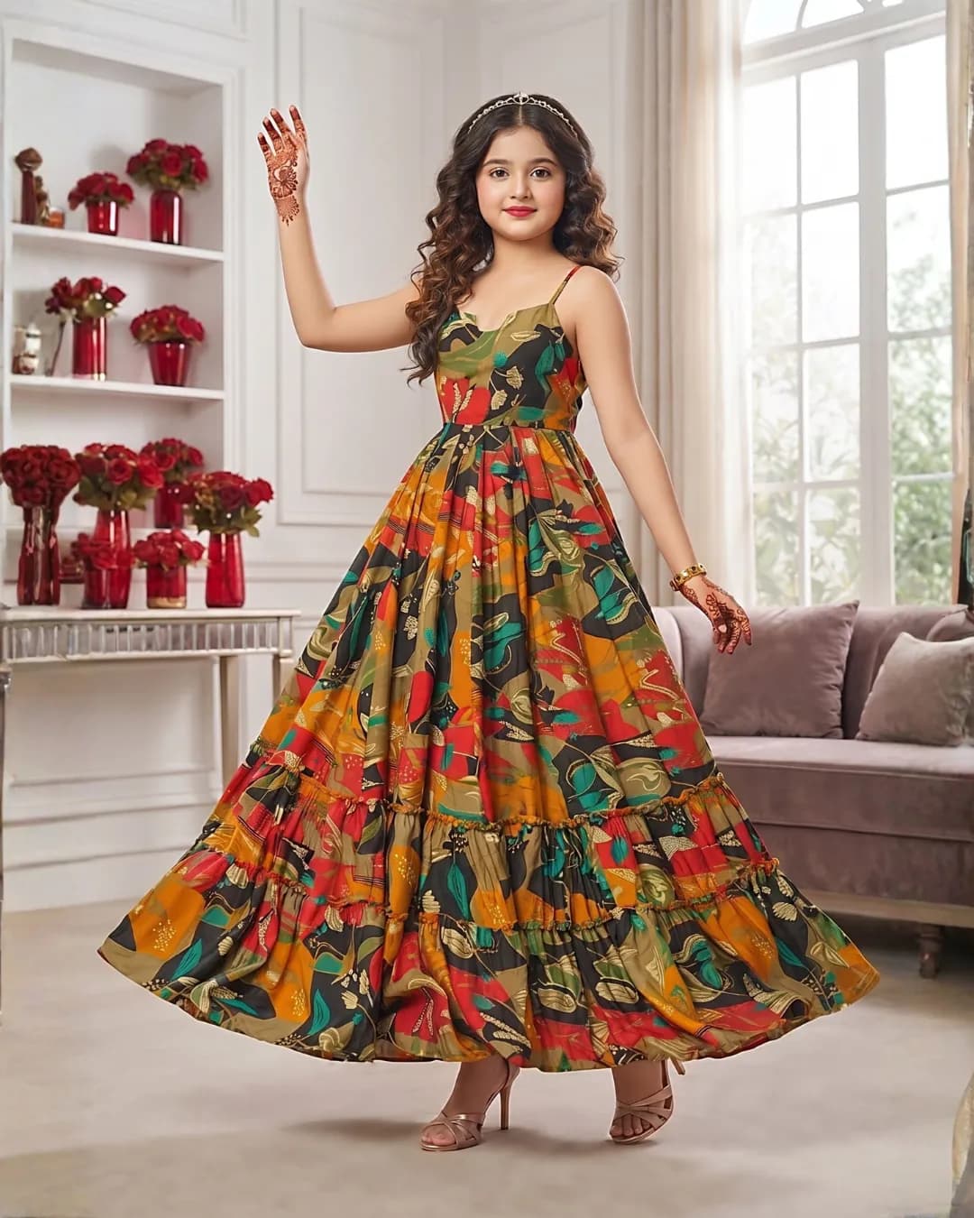 Girls' Heavy Rayon Digital Printed Fully Flared Anarkali Gown