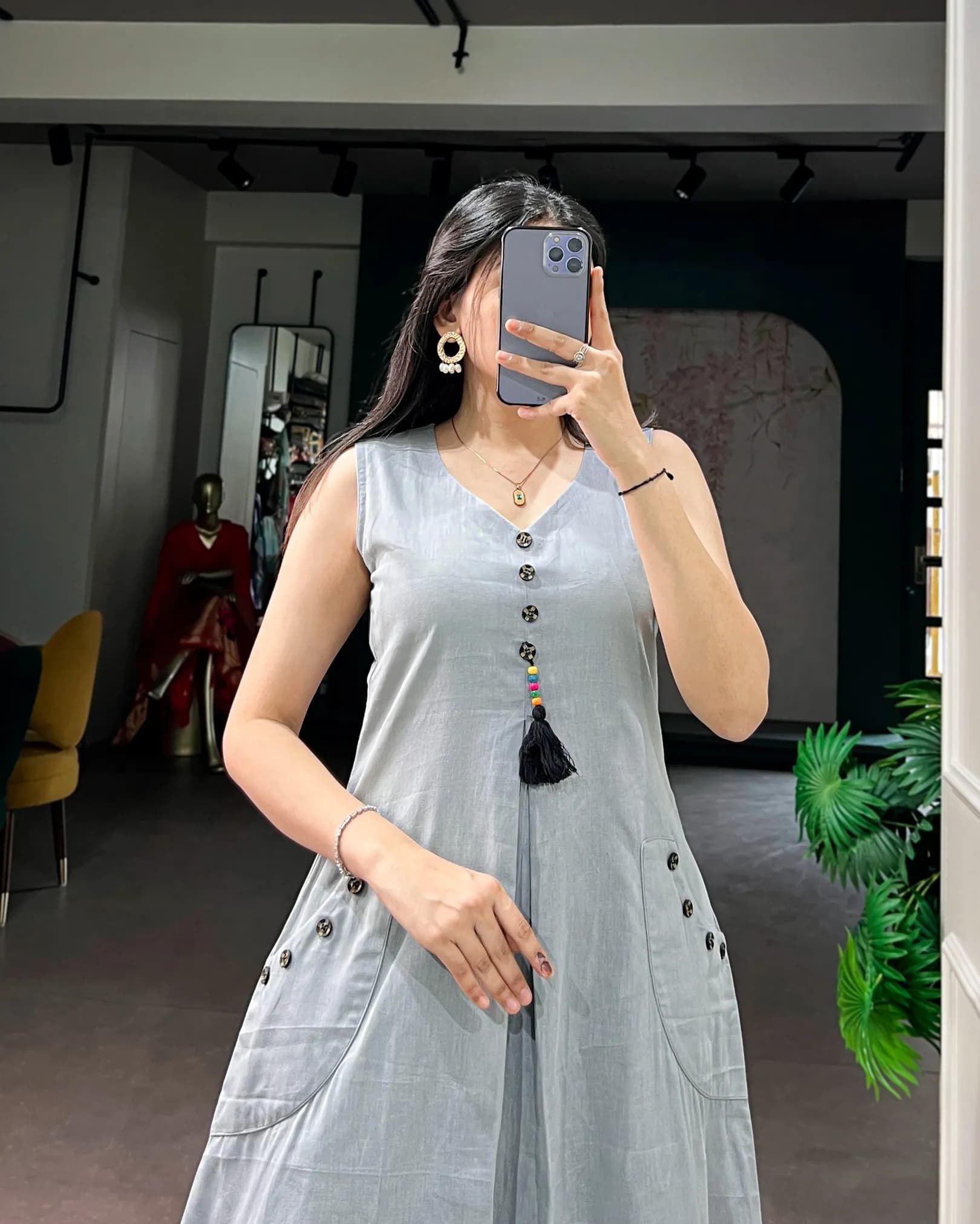 Women's Khadi Cotton Ethnic Dress with Wooden Button Detailing alternate view