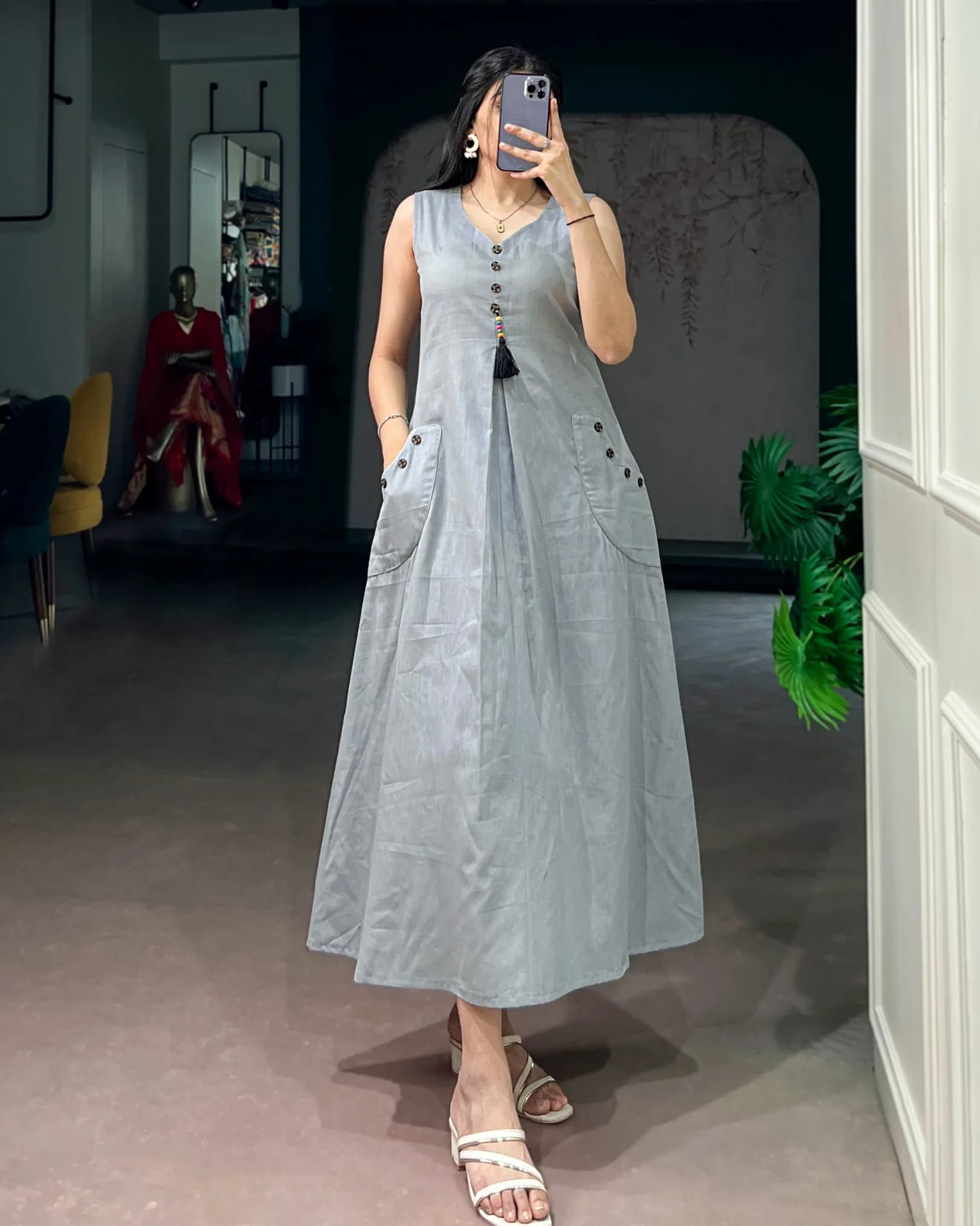 Women's Khadi Cotton Ethnic Dress with Wooden Button Detailing