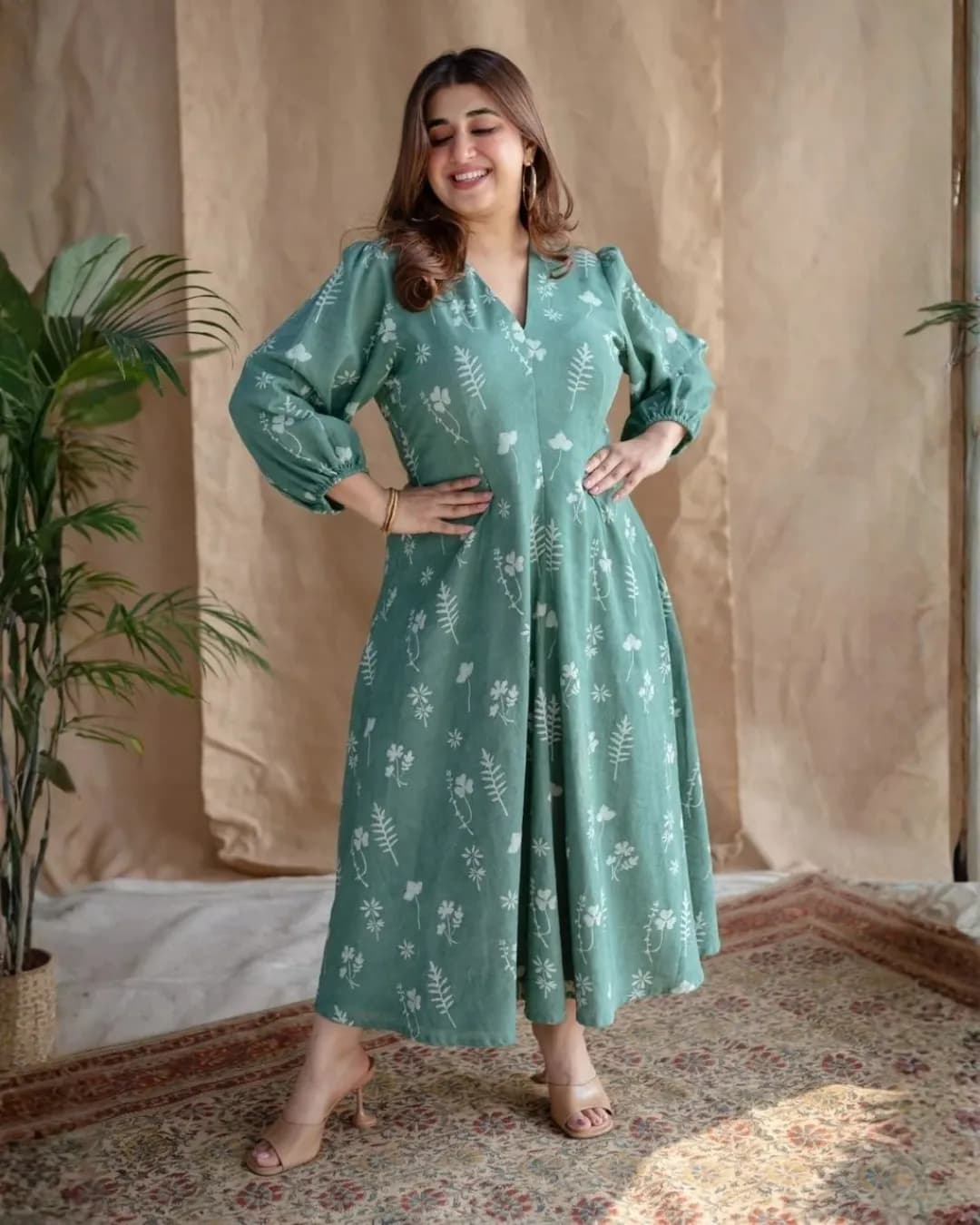Women's Premium Cotton Floral Midi Kurti with Puff Sleeves & Side Pocket
