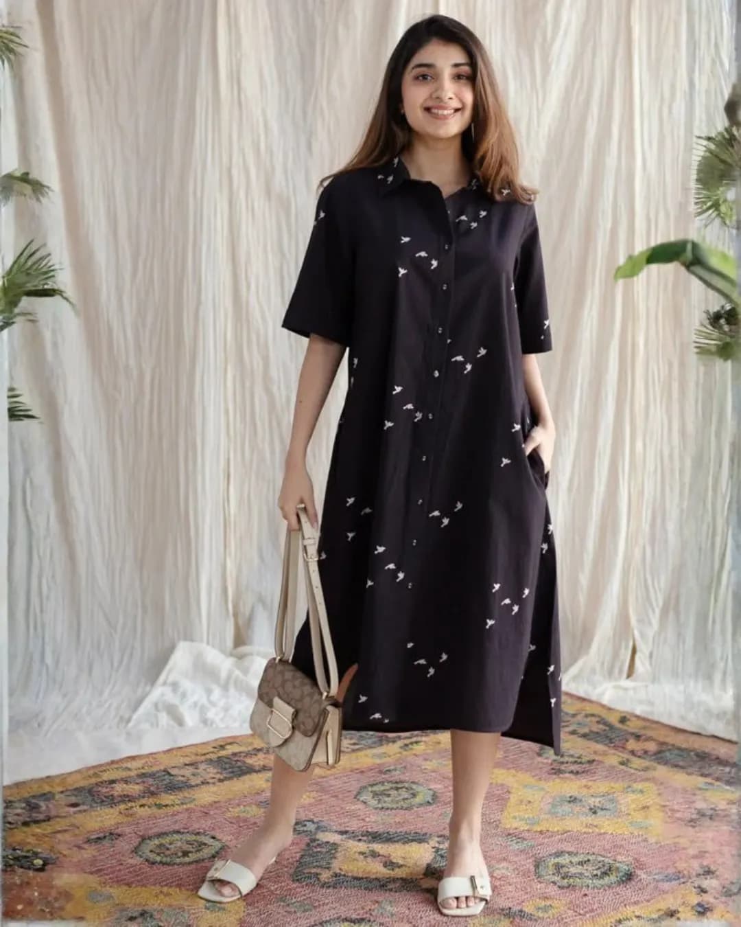 Women's Premium Cotton Floral Midi Kurti with Puff Sleeves & Side Pocket