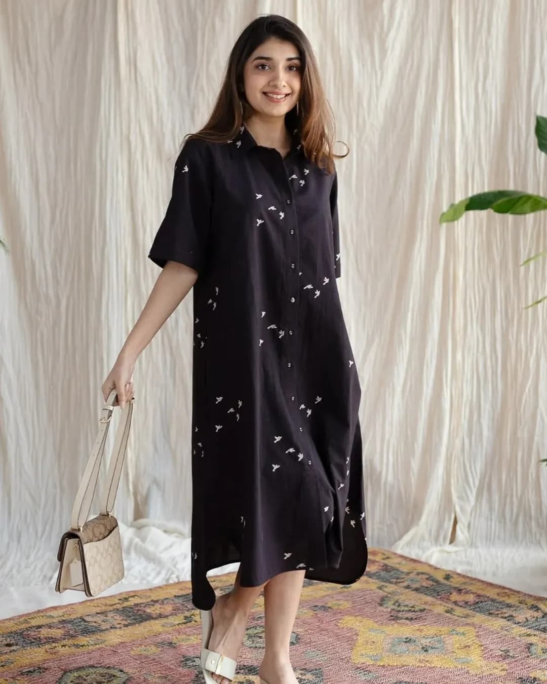 Women's Premium Cotton Floral Midi Kurti with Puff Sleeves & Side Pocket alternate view