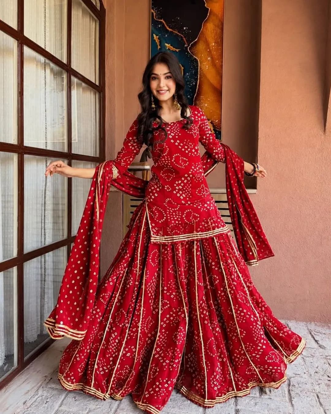Women's Georgette Bandhani Print Gotta Patti Top, Palazzo & Dupatta Set