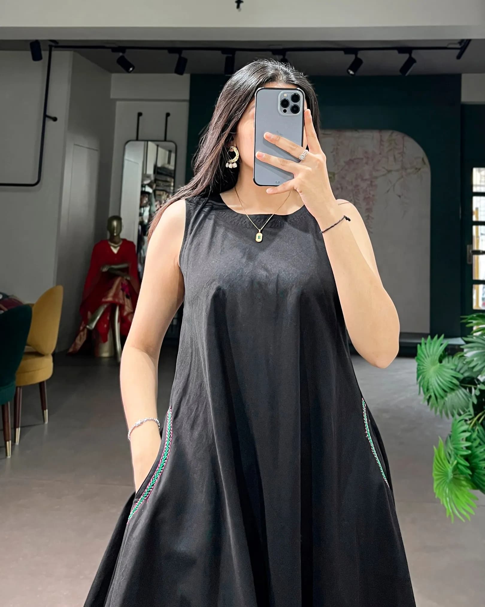 Women's Black Premium Khadi Cotton Thread Work Dress with Pocket alternate view