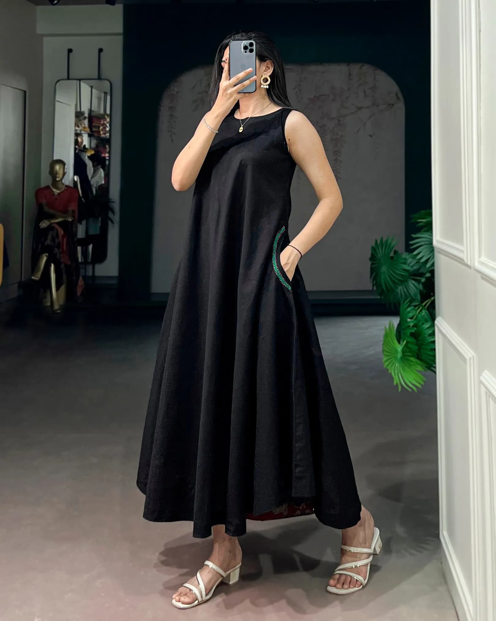 Women's Black Premium Khadi Cotton Thread Work Dress with Pocket
