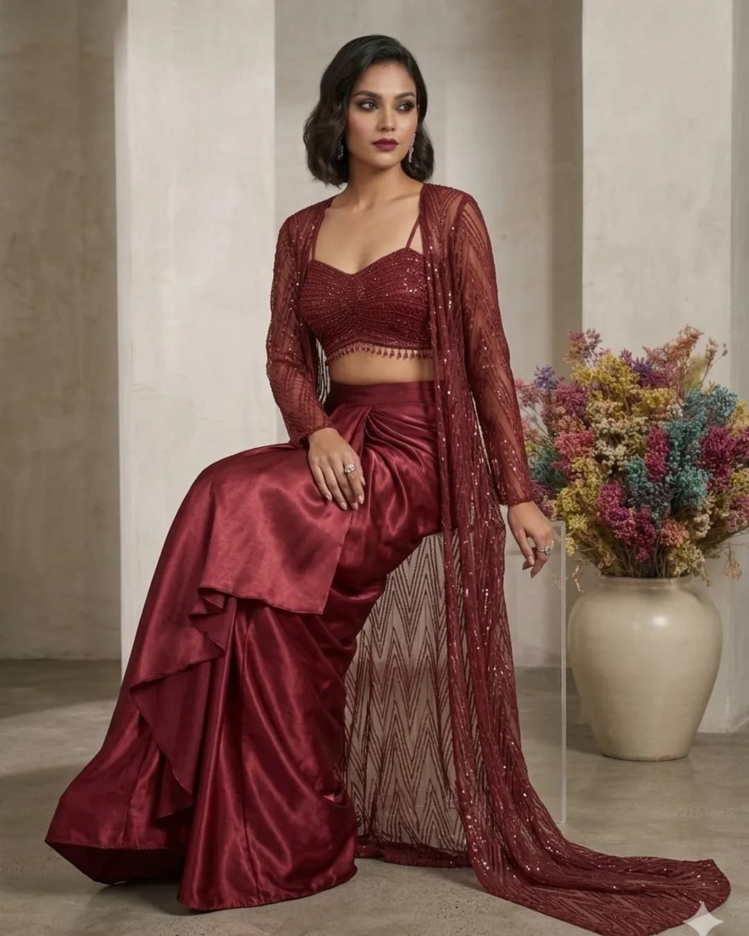 Women's Sequins Embroidered Butterfly Net Blouse, Moss Satin Skirt & Shrug Set alternate view