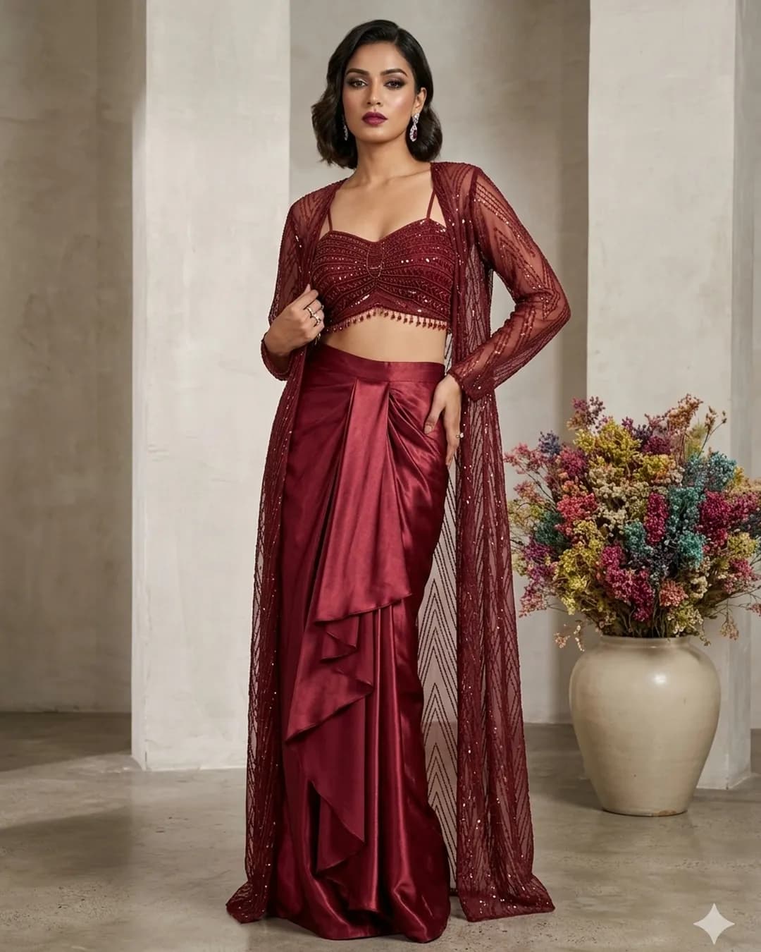 Women's Sequins Embroidered Butterfly Net Blouse, Moss Satin Skirt & Shrug Set