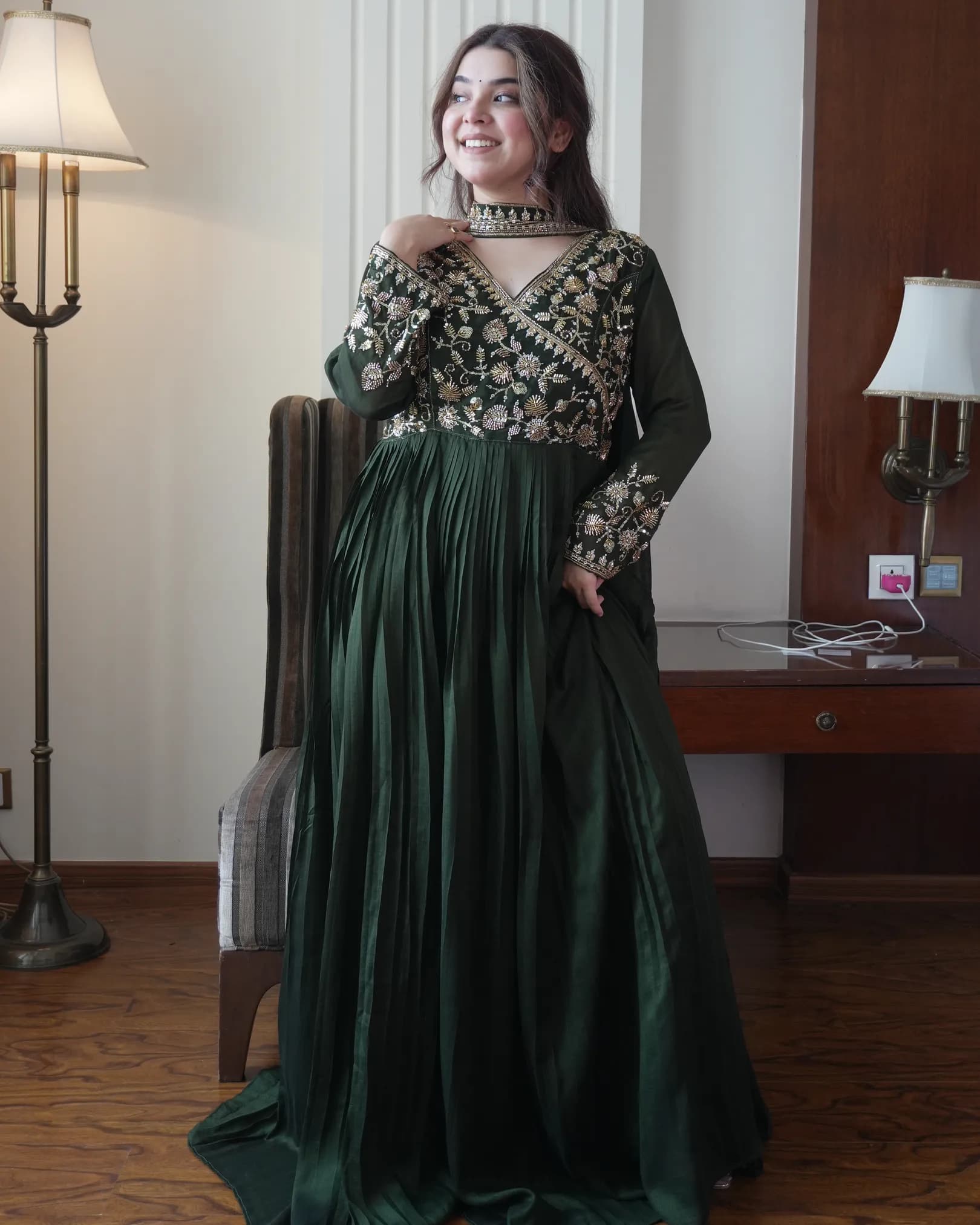 Women's Blooming Vichitra Embroidered Gown with Dupatta