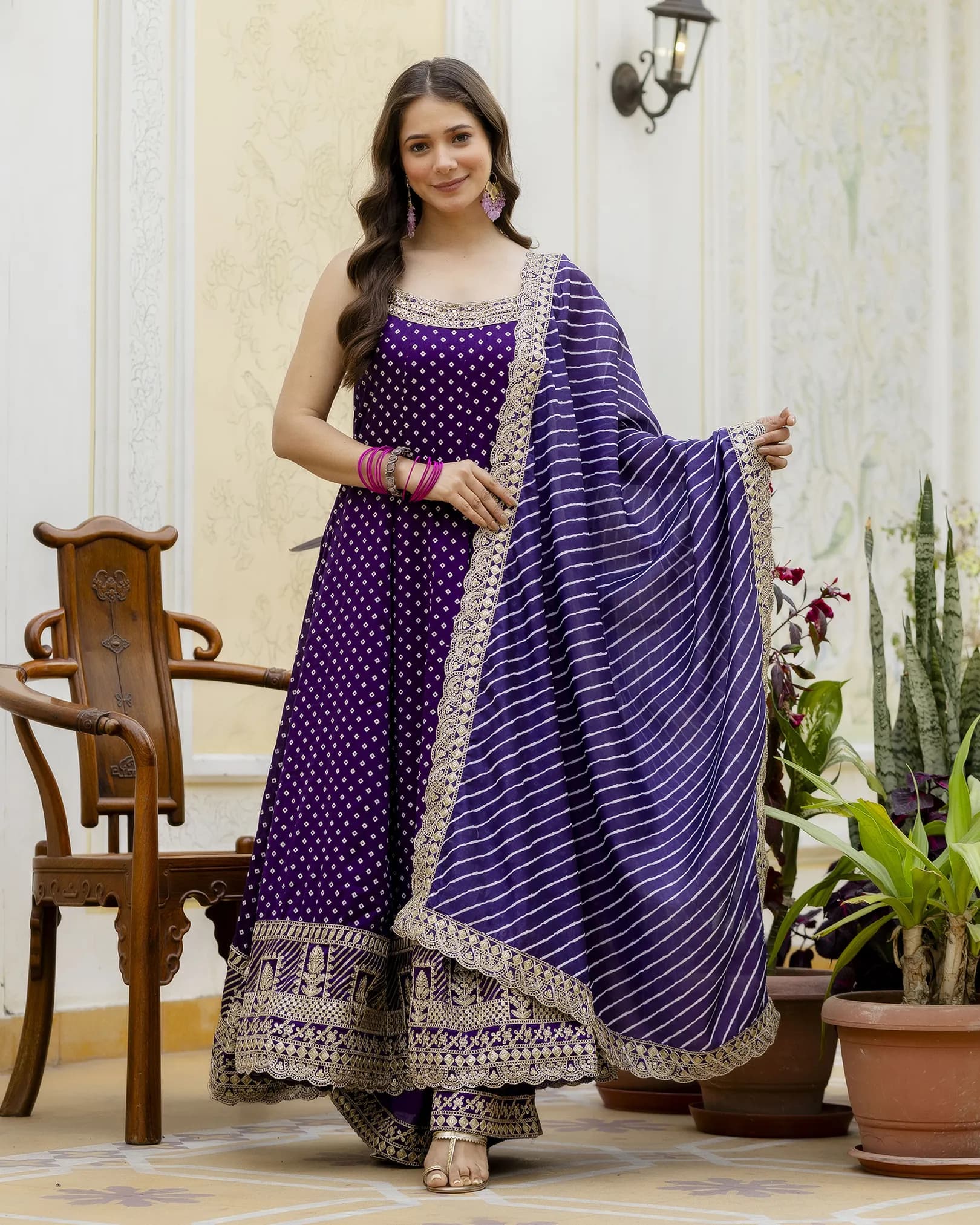 Women's Bandhani Vichitra Silk Gown with Palazzo & Leheriya Dupatta alternate view