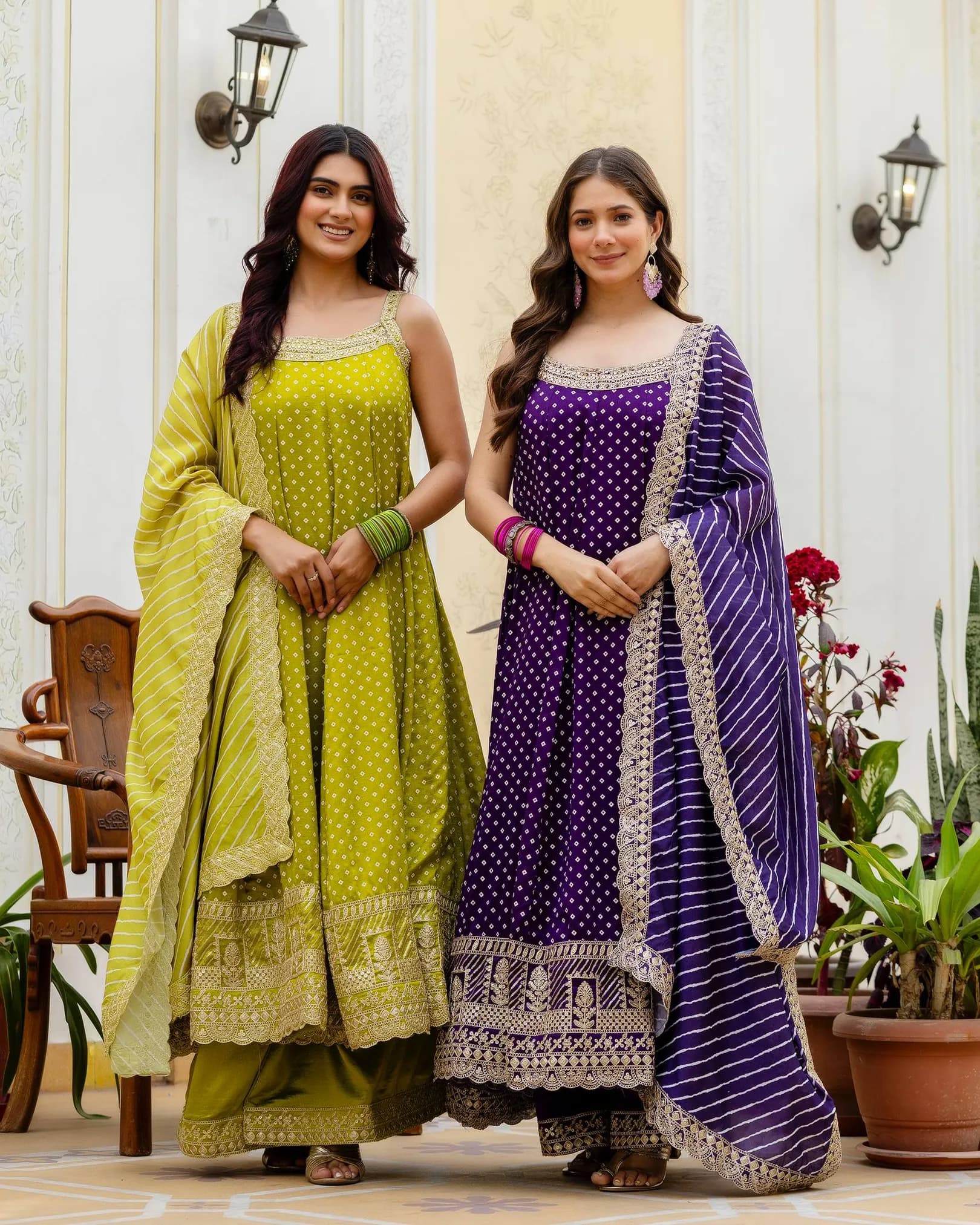 Women's Bandhani Vichitra Silk Gown with Palazzo & Leheriya Dupatta