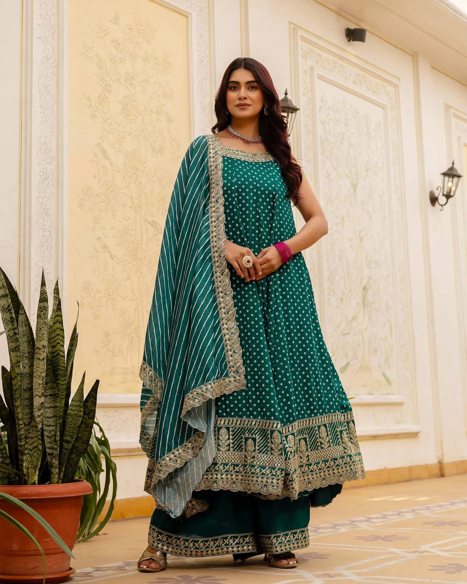 Women’s Bandhani Vichitra Silk Gown with Palazzo & Leheriya Dupatta alternate view