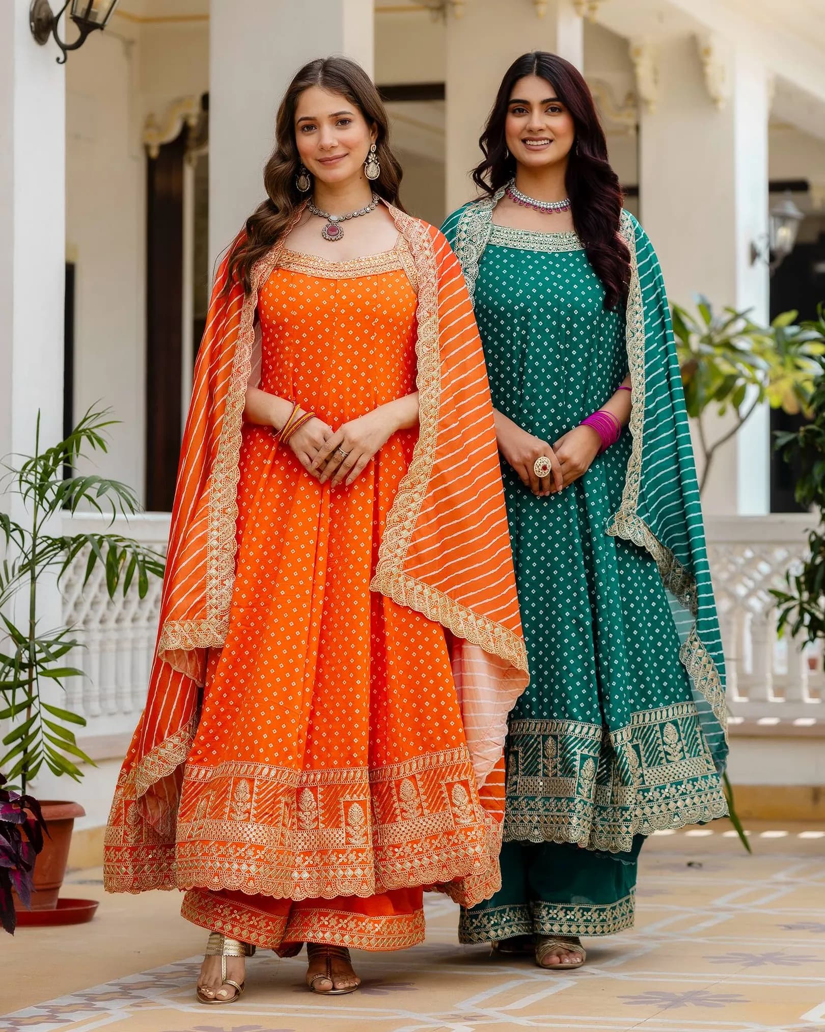 Women’s Bandhani Vichitra Silk Gown with Palazzo & Leheriya Dupatta