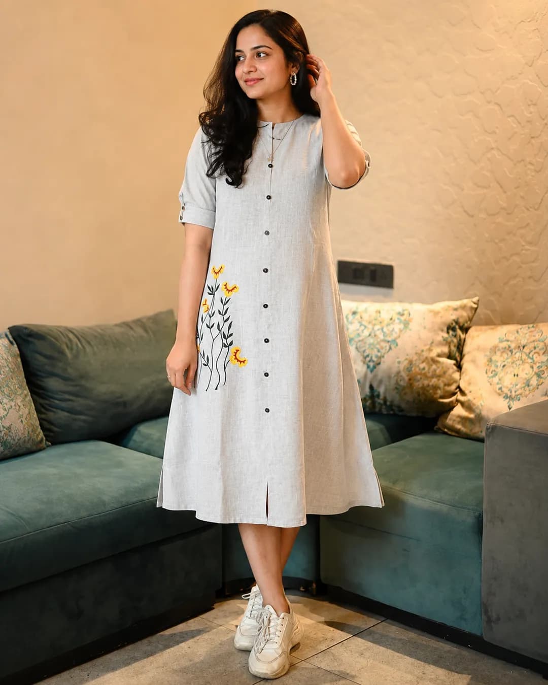 Women's Premium Khadi Cotton Handloom Dress with Embroidery & Front Pocket