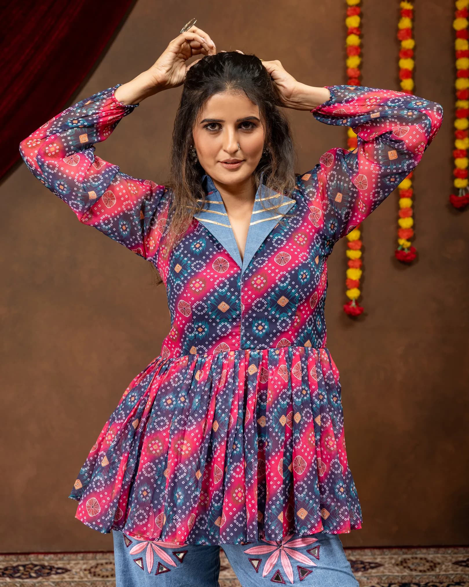 Women's Navratri 2026 Printed Faux Georgette Kediya with Embroidered Denim Jeans alternate view