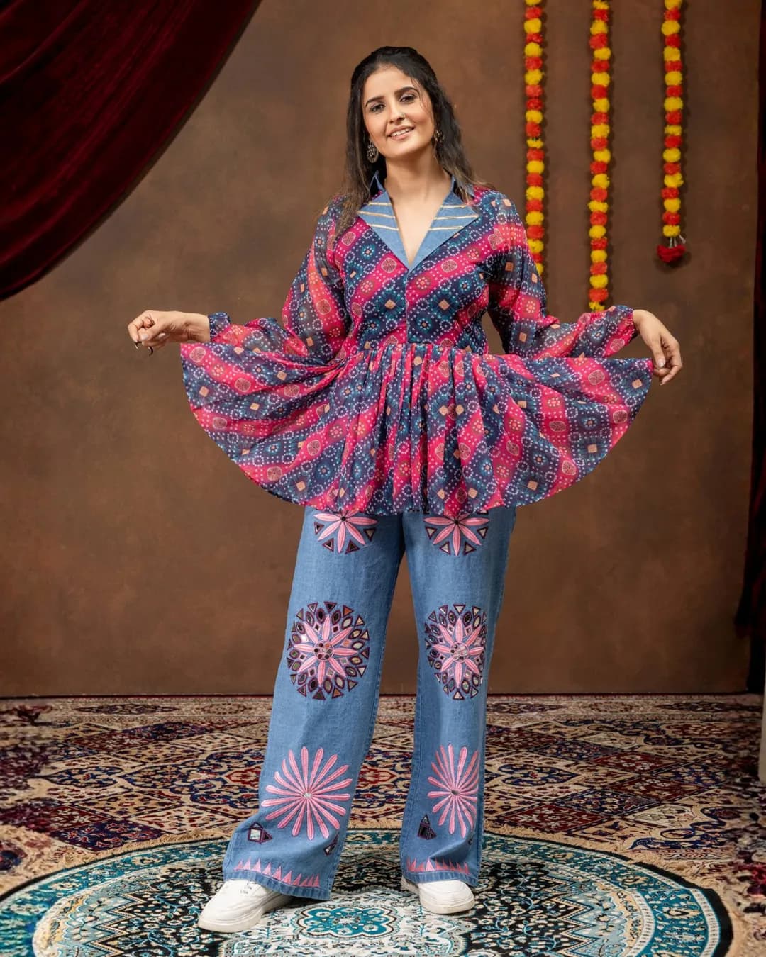 Women's Navratri 2026 Printed Faux Georgette Kediya with Embroidered Denim Jeans