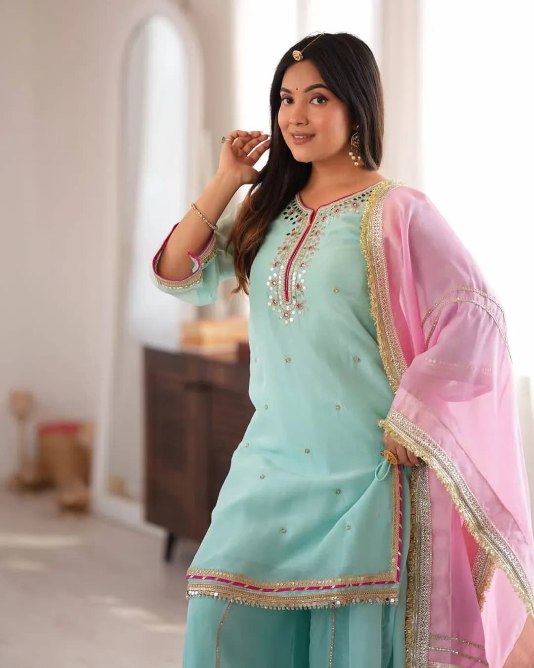 Women's Premium Organza Silk Sharara Suit Set with Sequins, Multi Zari Embroidery & Gota Patti Dupatta alternate view