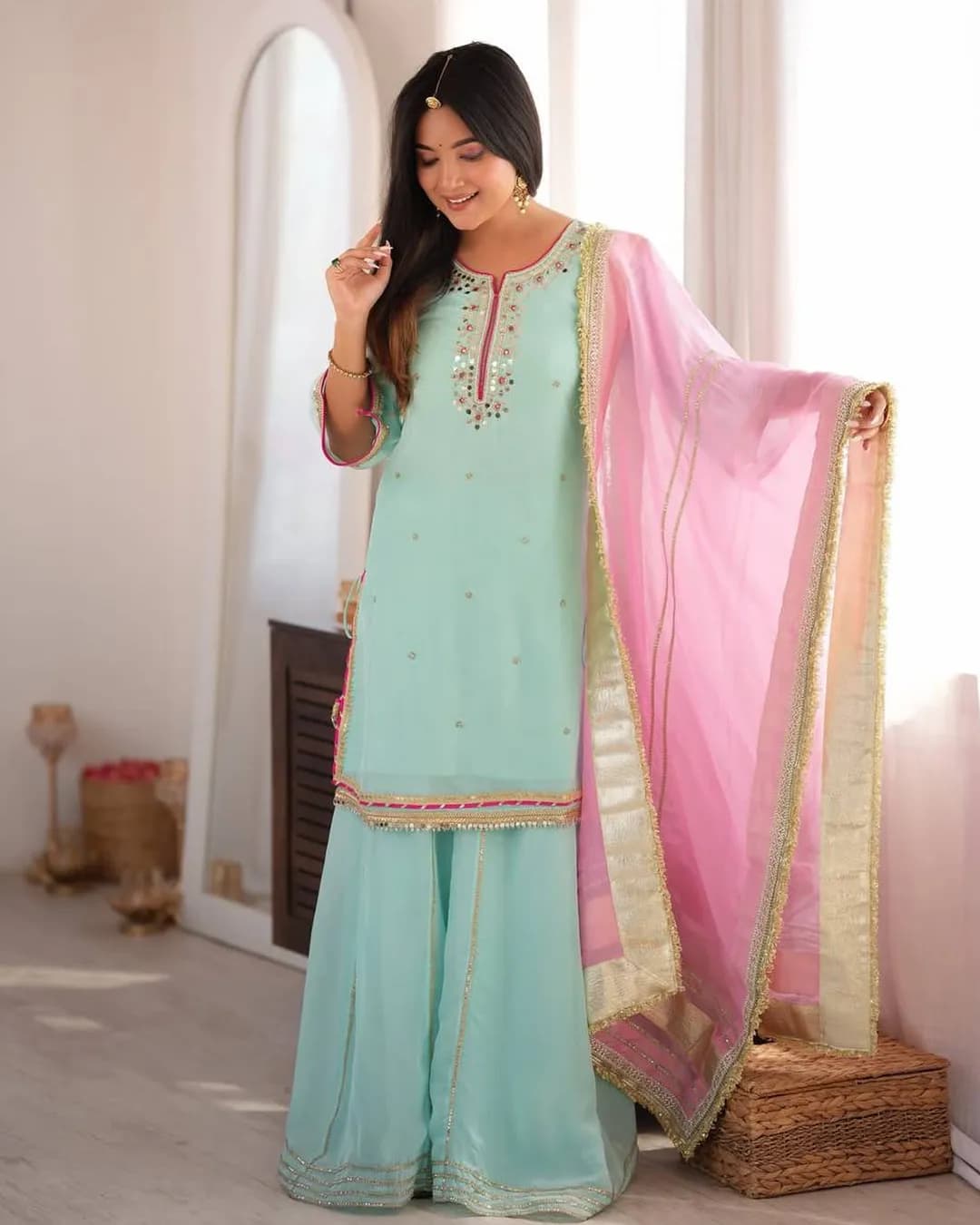 Women's Premium Organza Silk Sharara Suit Set with Sequins, Multi Zari Embroidery & Gota Patti Dupatta