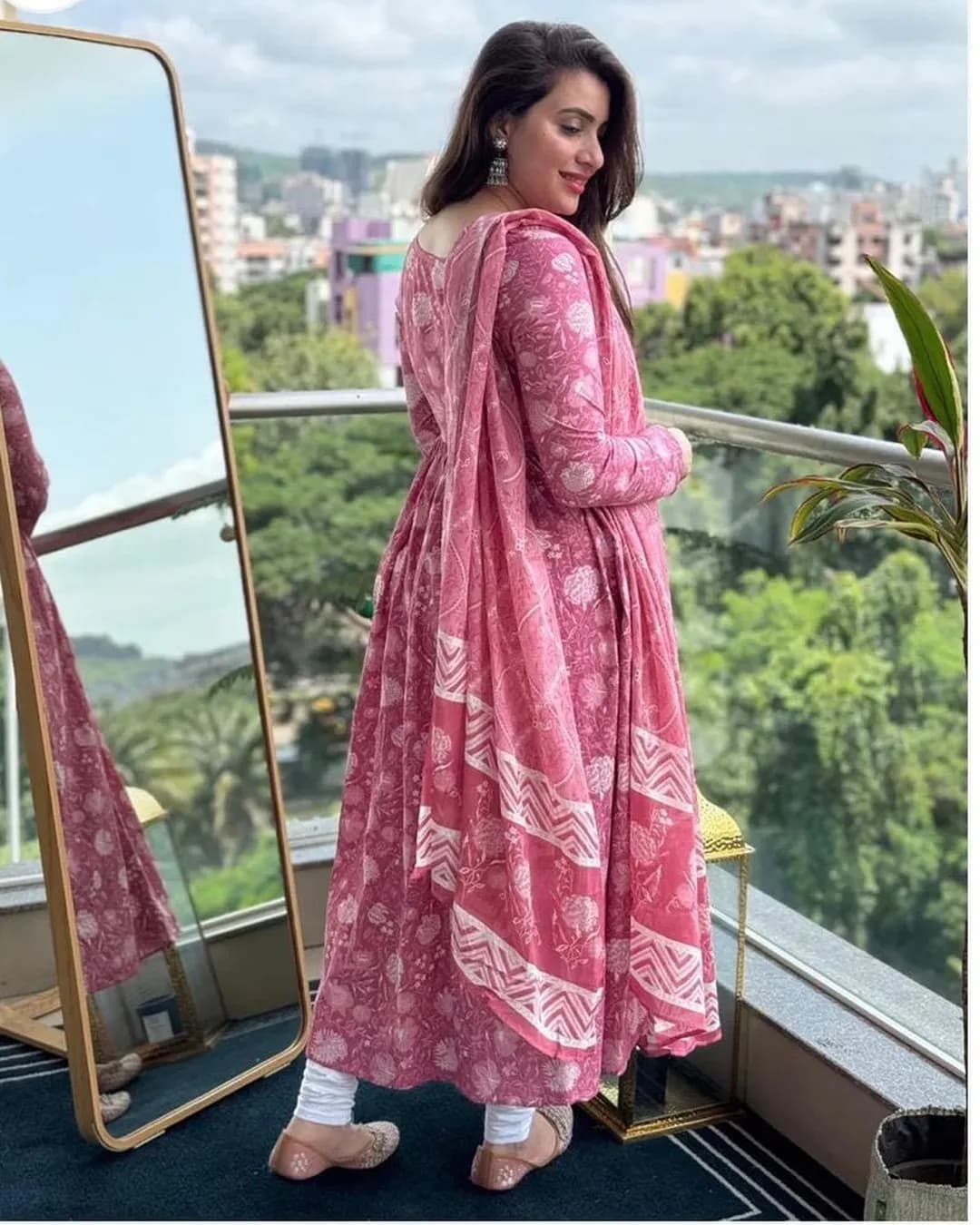 Women's Sanganeri Printed Rayon Anarkali Kurta Set with Mulmul Dupatta alternate view