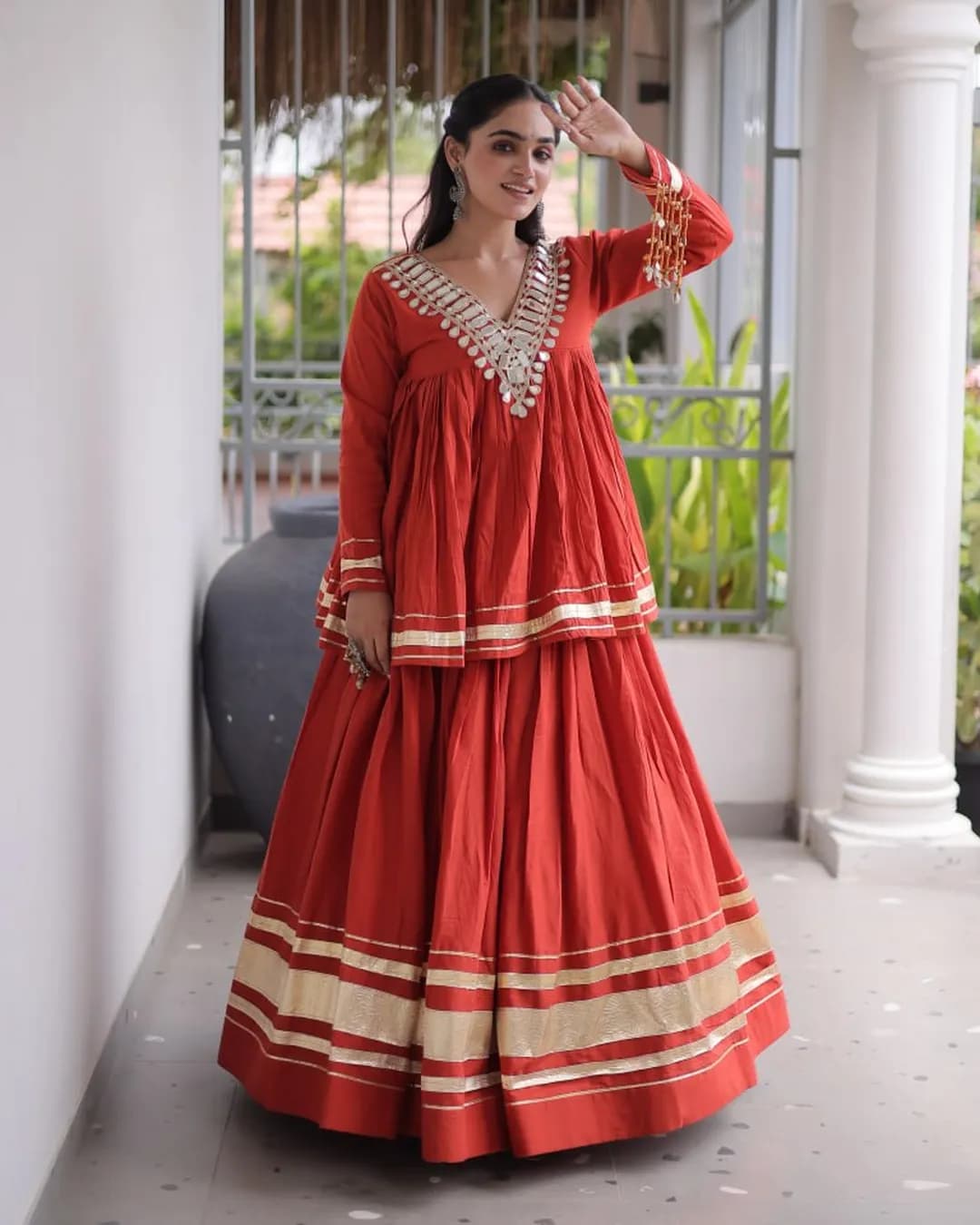 Women's Navratri 2026 Kora Cotton Lehenga Choli with Zari, Gota Patti & Real Mirror Work