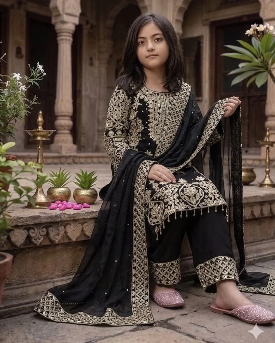 Premium Faux Georgette Girls’ Designer Kurti, Pant & Dupatta Set alternate view