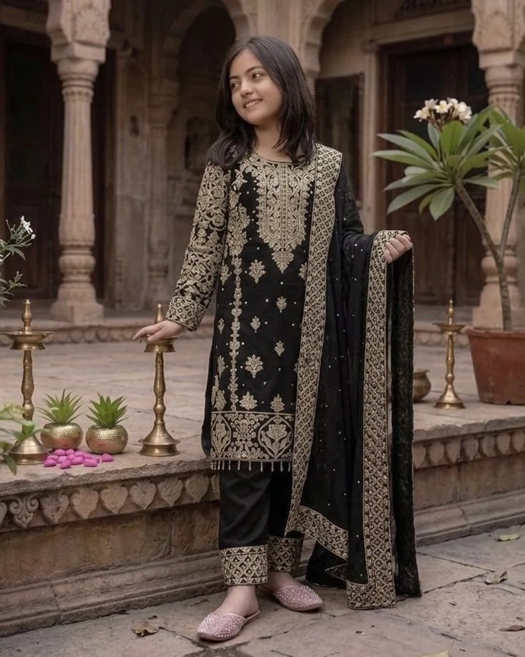 Premium Faux Georgette Girls’ Designer Kurti, Pant & Dupatta Set