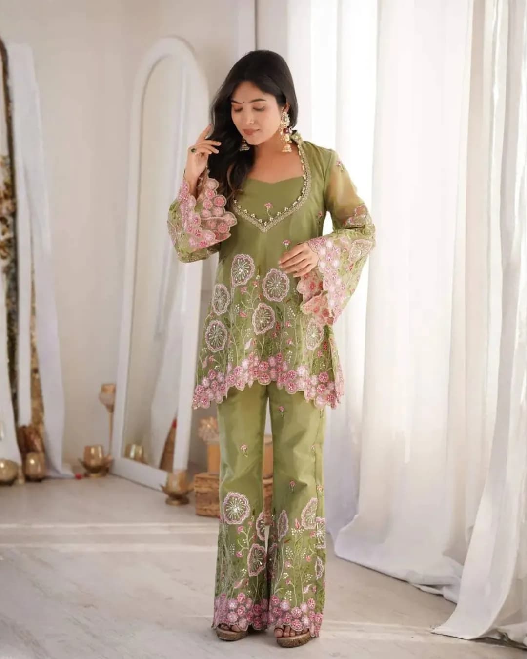 Premium Sage Green HO Silk Co-Ord Set with Floral Embroidery & Sequins – Festive Party Wear