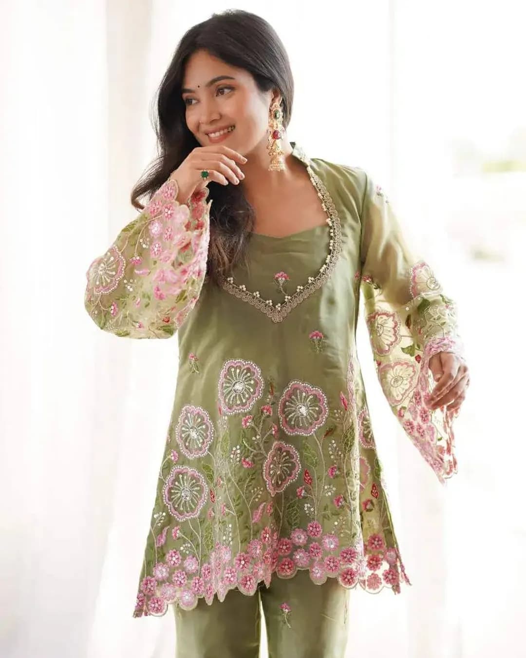 Premium Sage Green HO Silk Co-Ord Set with Floral Embroidery & Sequins – Festive Party Wear alternate view