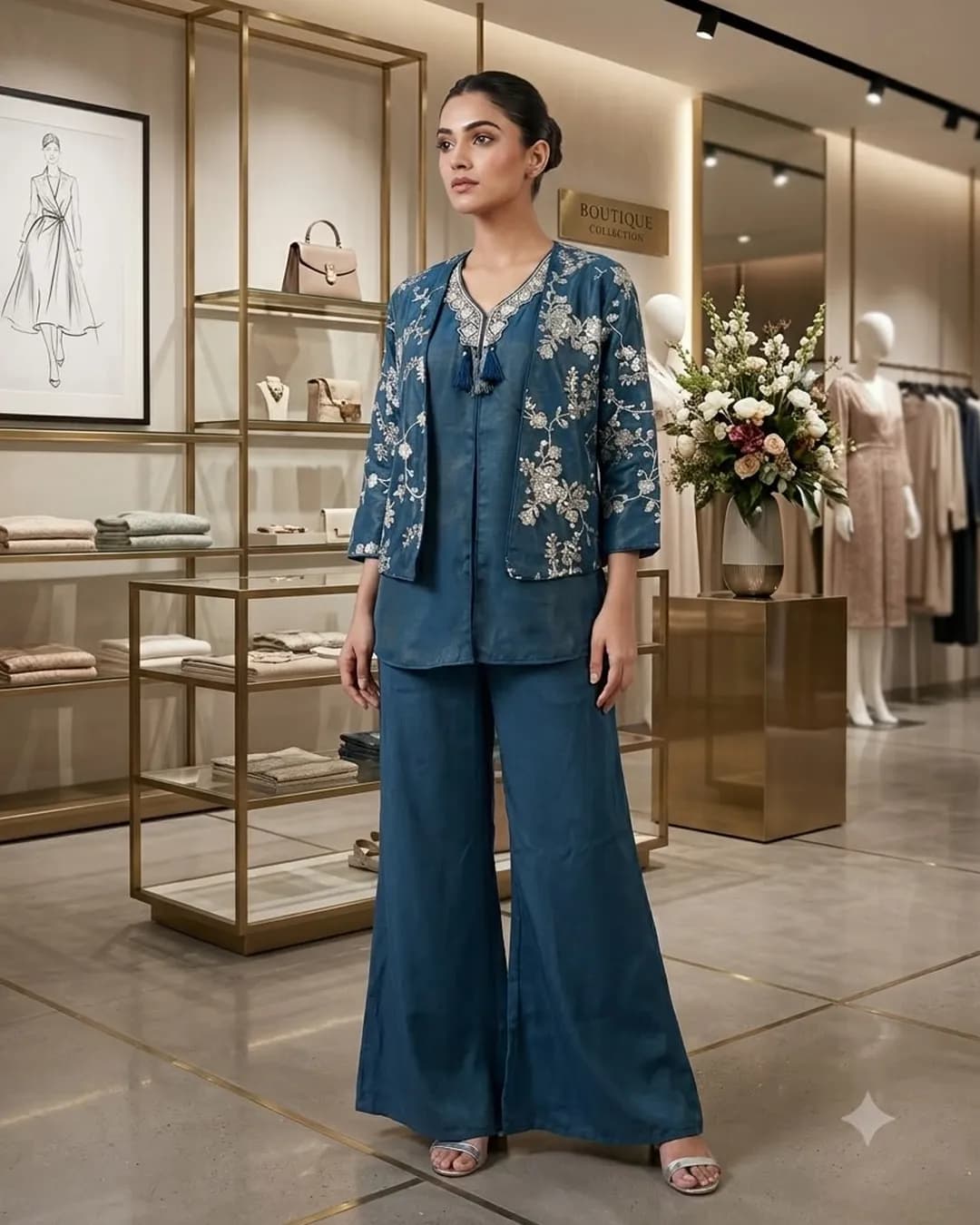 Trending Coss-Moss Sequins Embroidered Top, Palazzo & Shrug Set – Designer Party Wear