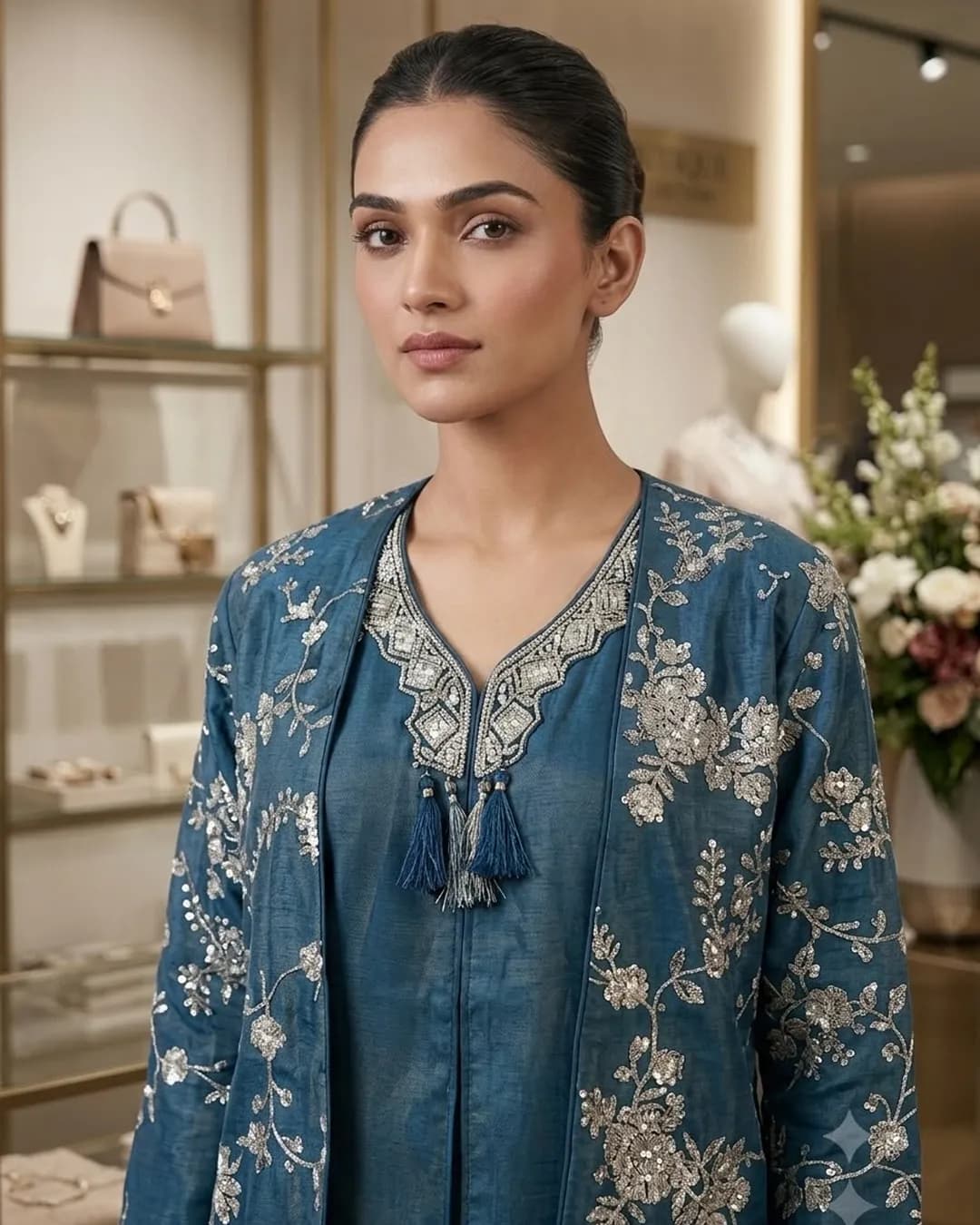 Trending Coss-Moss Sequins Embroidered Top, Palazzo & Shrug Set – Designer Party Wear alternate view