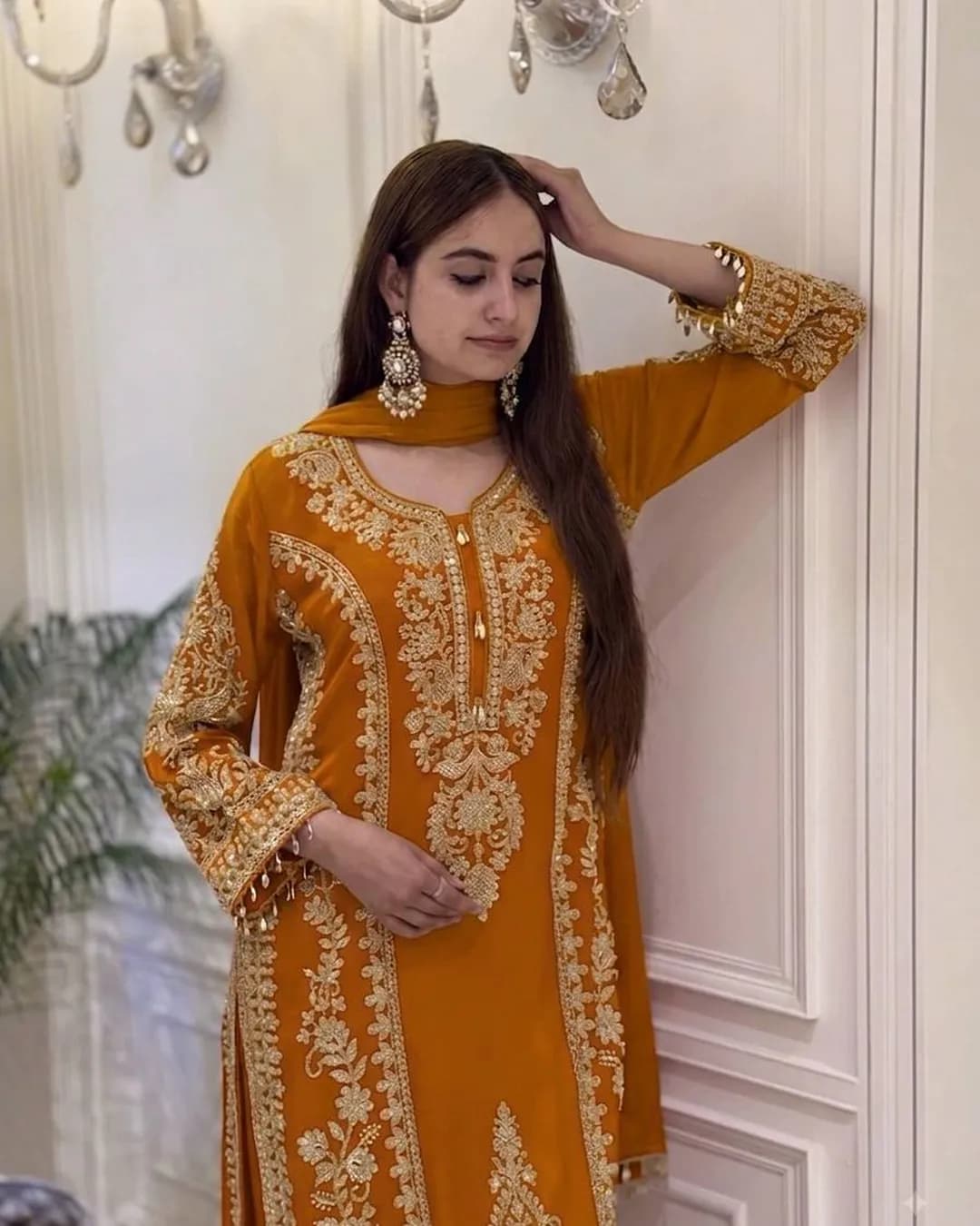 Designer Faux Georgette Top Palazzo & Dupatta Set with Heavy Embroidery Sequins Work alternate view
