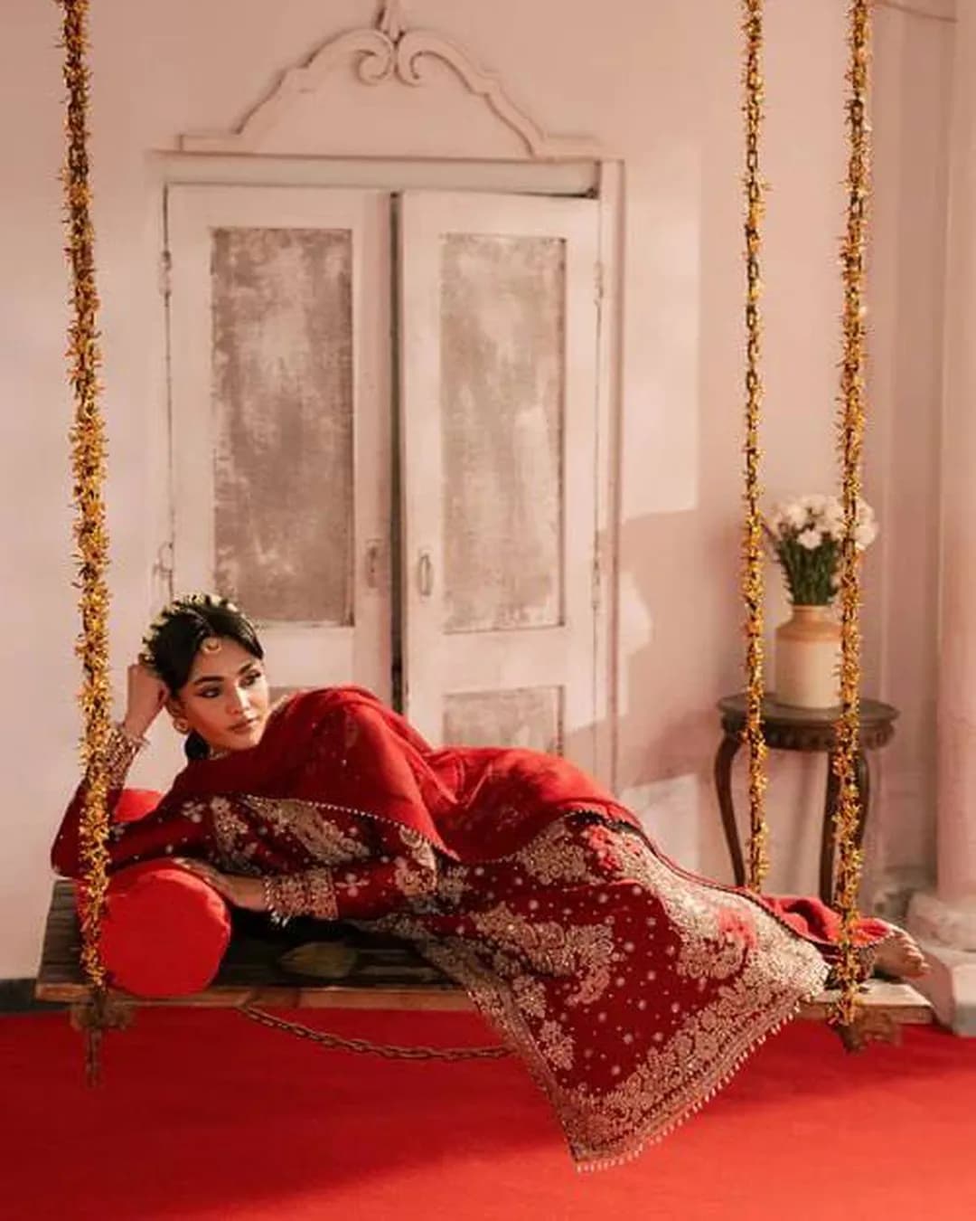 Designer Roman Silk Top Palazzo Set with Thread, Sequin & Rivet Moti Work alternate view