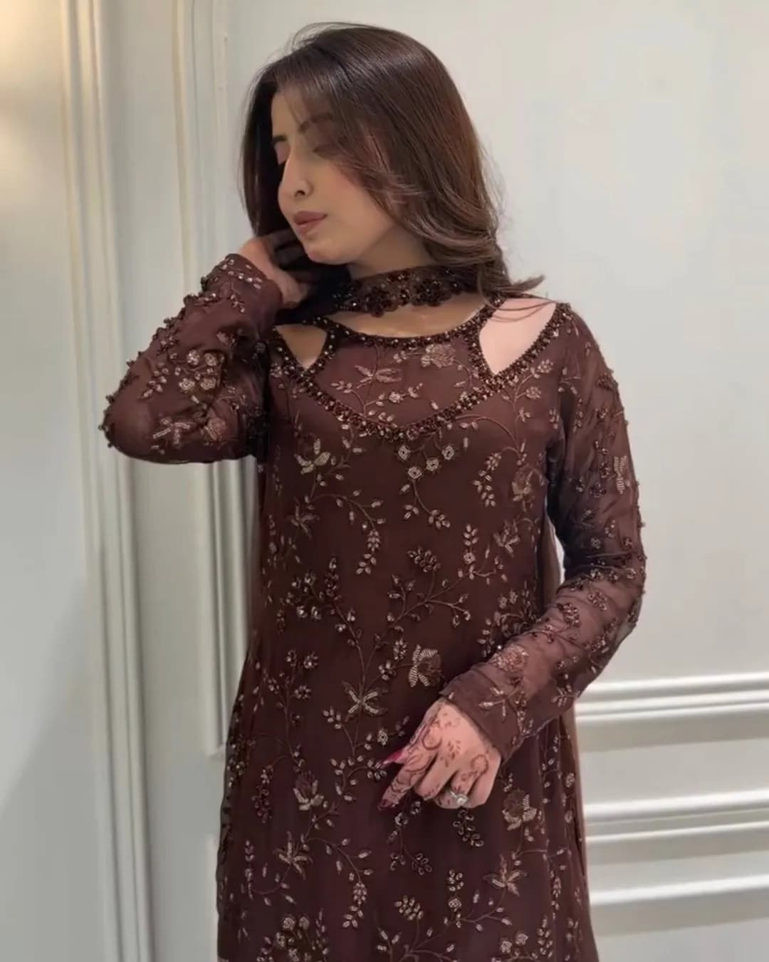 Trending Faux Georgette Kurti Palazzo & Dupatta Set with Embroidery & Sequin Work alternate view