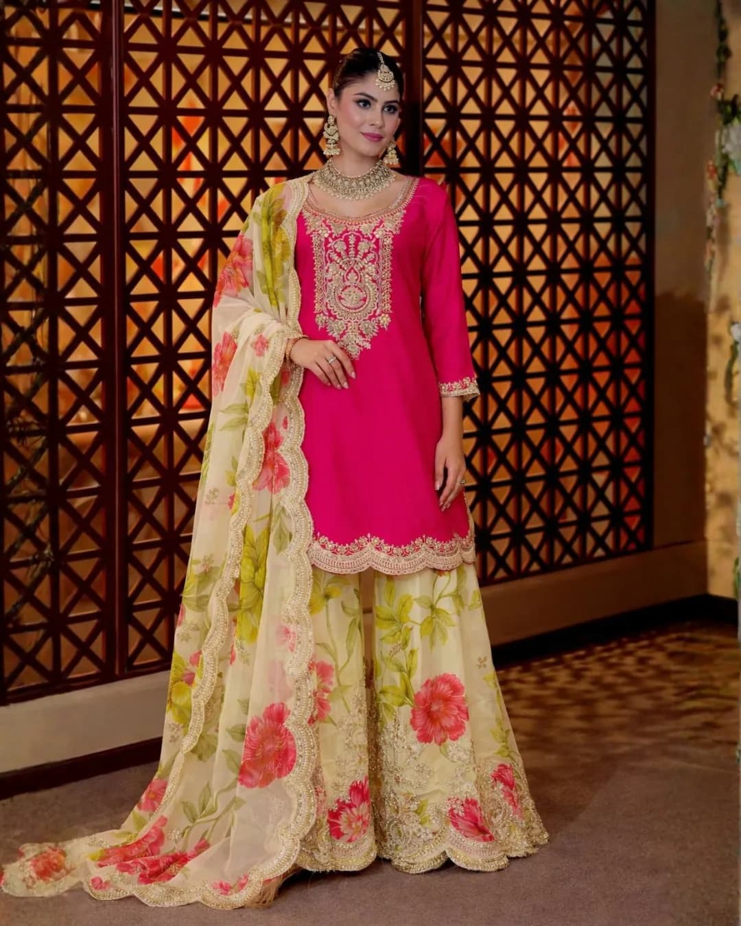 New Designer Heavy Chinon Top with Tabi Organza Palazzo & Dupatta Set – Coding & Sequin Work