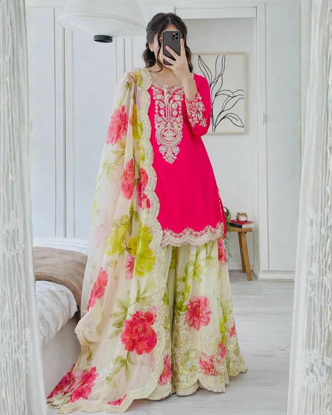 New Designer Heavy Chinon Top with Tabi Organza Palazzo & Dupatta Set – Coding & Sequin Work alternate view