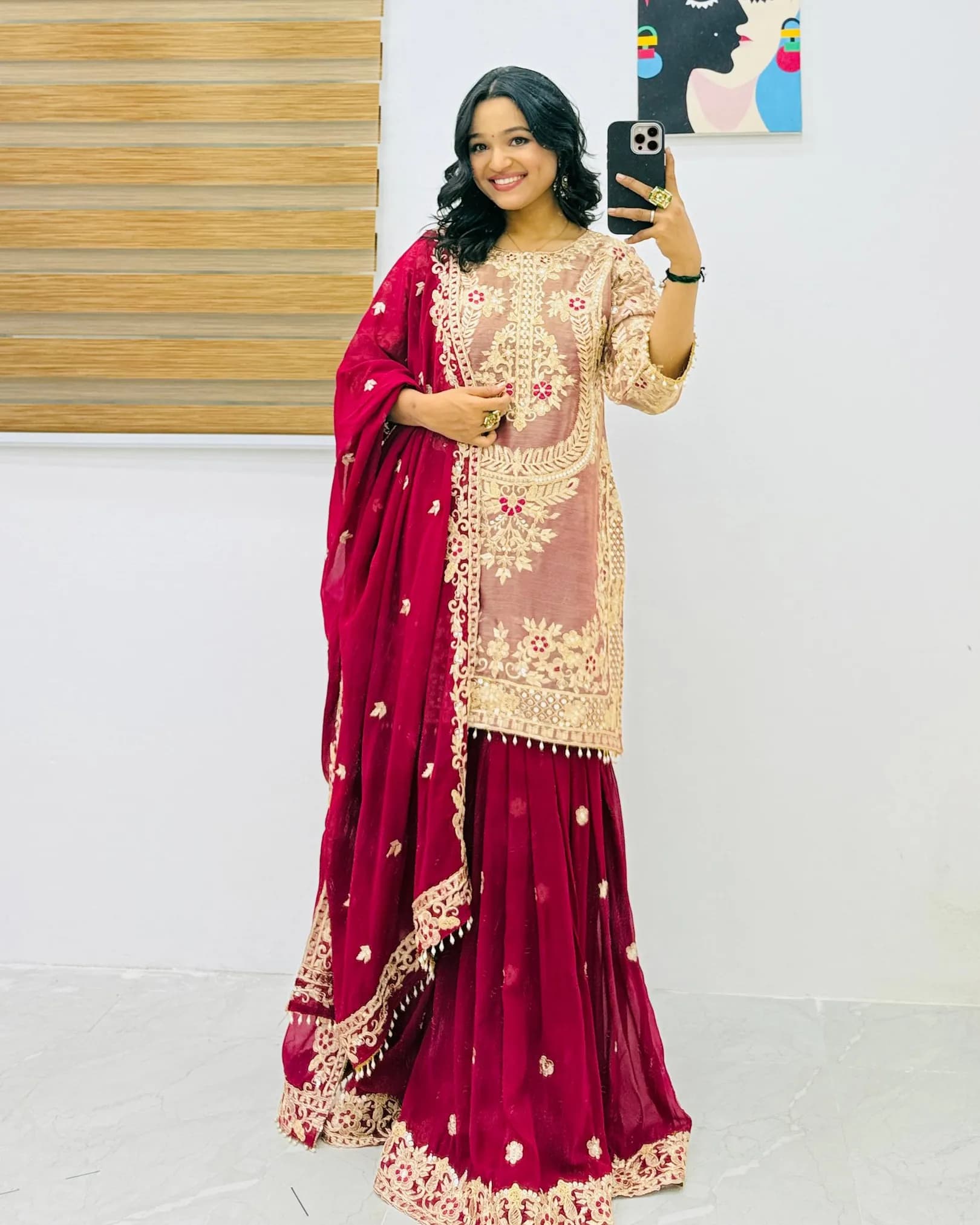 New Designer Crancy Silk Top with Faux Georgette Palazzo & Dupatta Set – Coding & Sequin Work