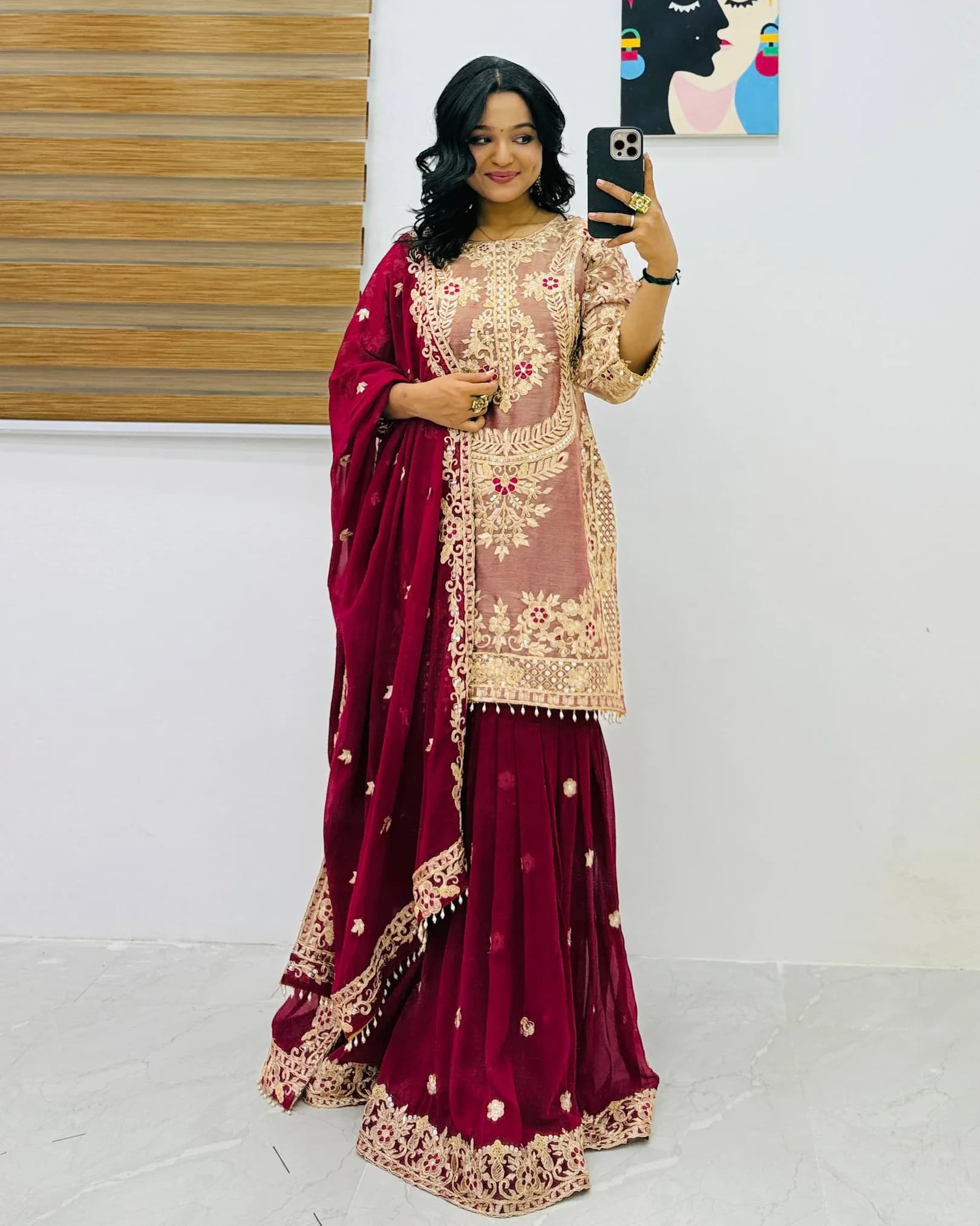 New Designer Crancy Silk Top with Faux Georgette Palazzo & Dupatta Set – Coding & Sequin Work alternate view