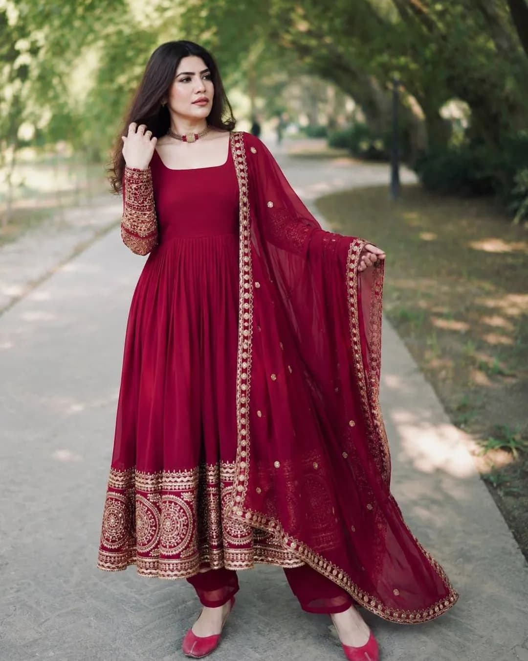 Designer Heavy Faux Georgette Gown, Pant & Dupatta Set with Embroidery & Sequin Work