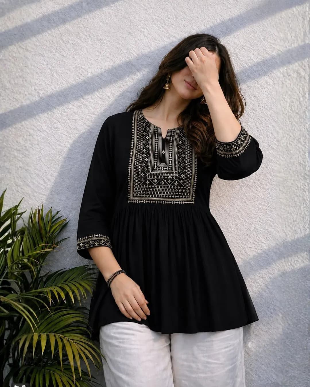 Trending Short Length Heavy Rayon Tunic with Embroidery & Beads Work